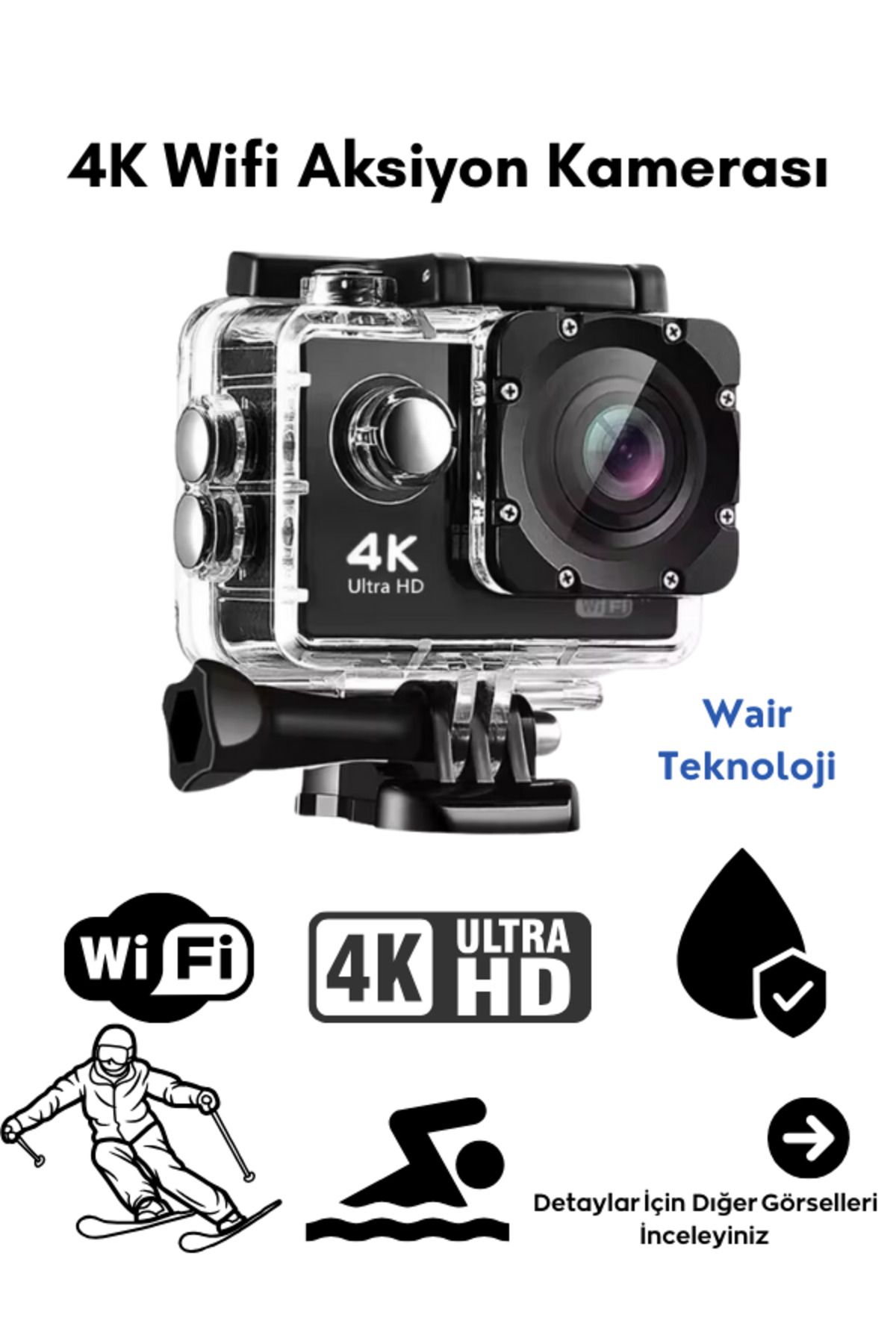 Wair Teknoloji 4K Ultra HD Wifi Aksiyon Kamera Su Geçirmez Aksiyon Kamerası