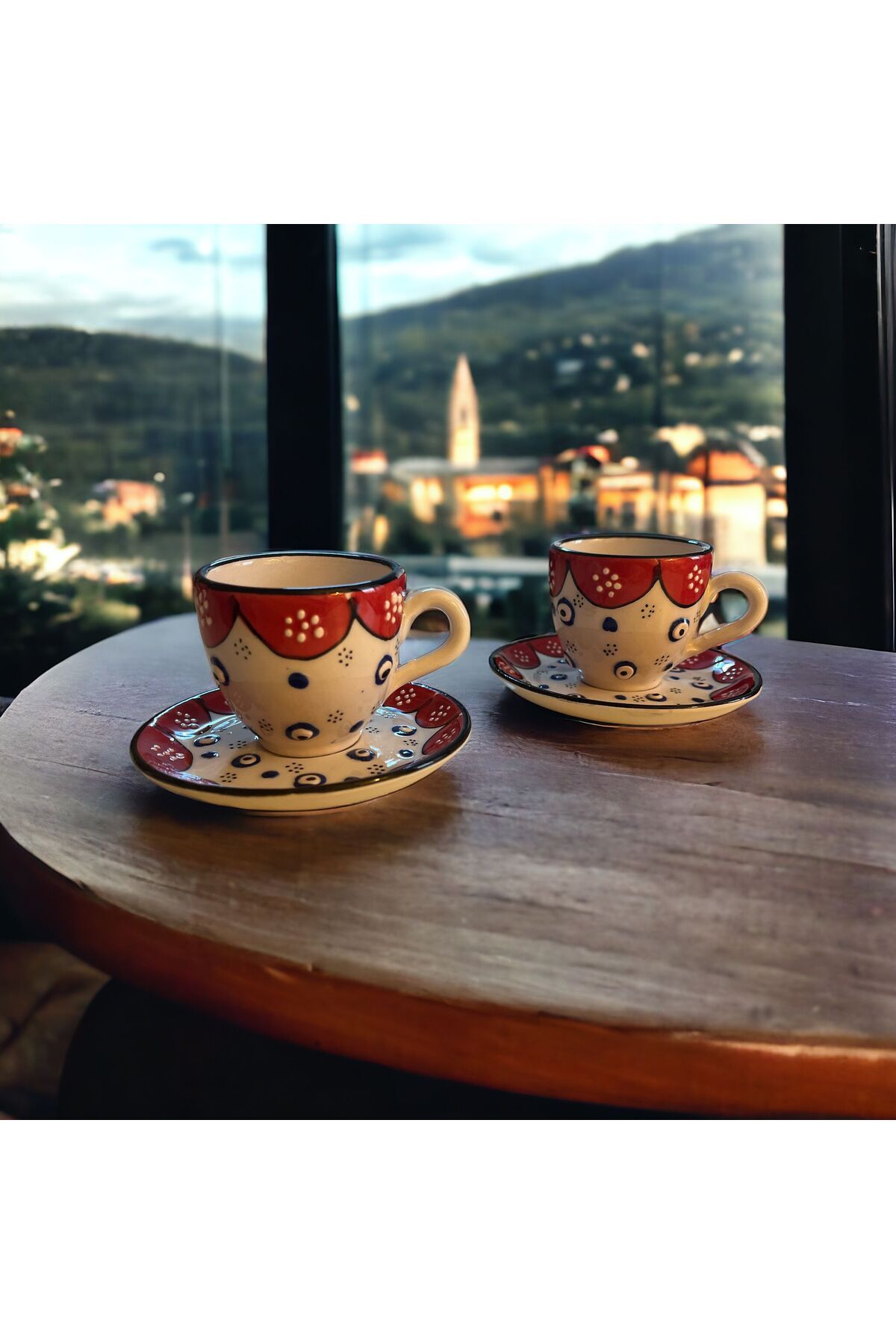 WPAWZ-Handmade Red White Evil Eye Bead Pattern Ceramic Cup Set - Turkish Coffee Set for 2 6