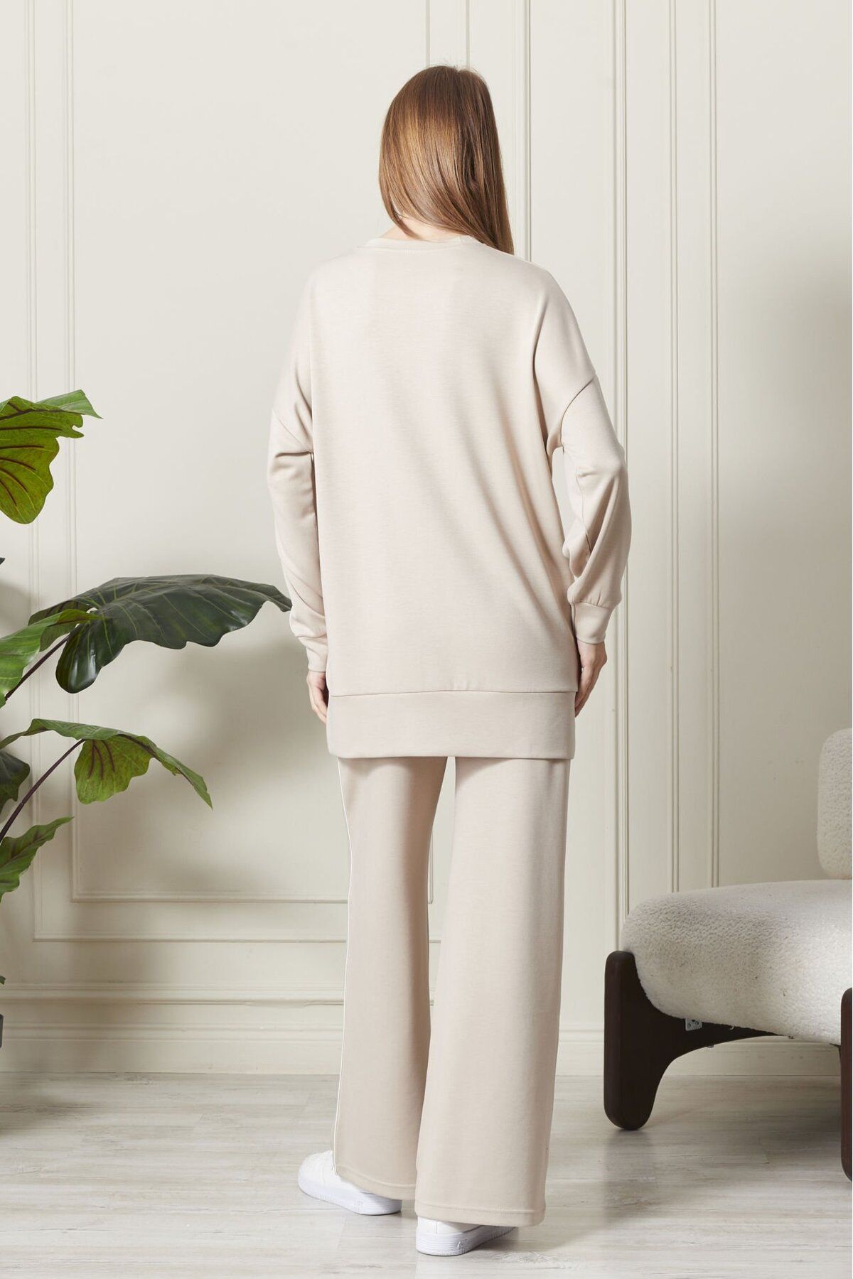 soBasic-Beige Color Modal Long Length Crew Neck Elastic Waist Detailed Wide Leg Tracksuit Set - L 6