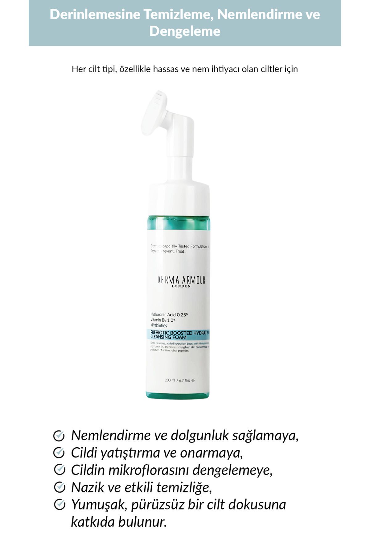پاک کننده صورت تقویت شده با پربیوتیک 0.25 ٪ اسید هیالورونیک و 0.5 پانتنول 200 میل derma armour