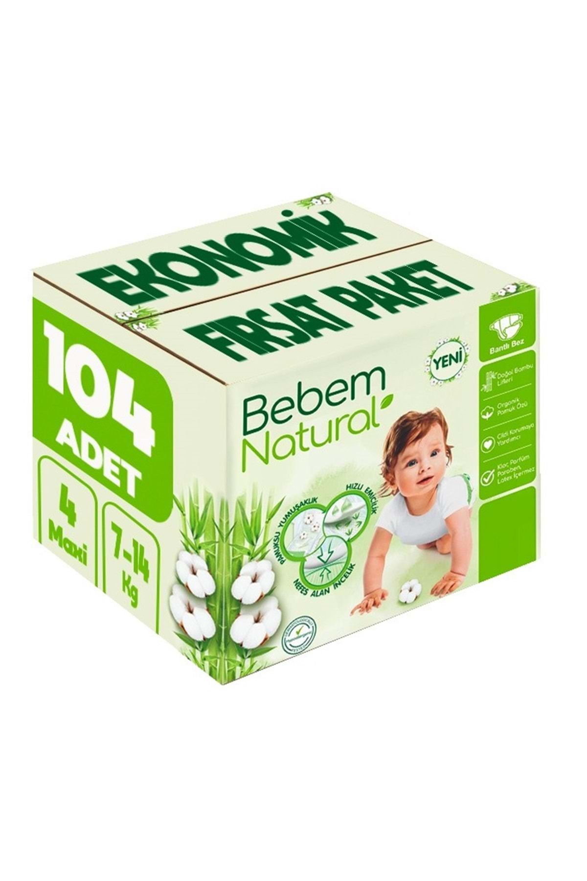 Bebem Natural Bebem Bebek Bezi Natural Beden:4 (7-14Kg) Maxi 104 Adet Ekonomik Fırsat Pk