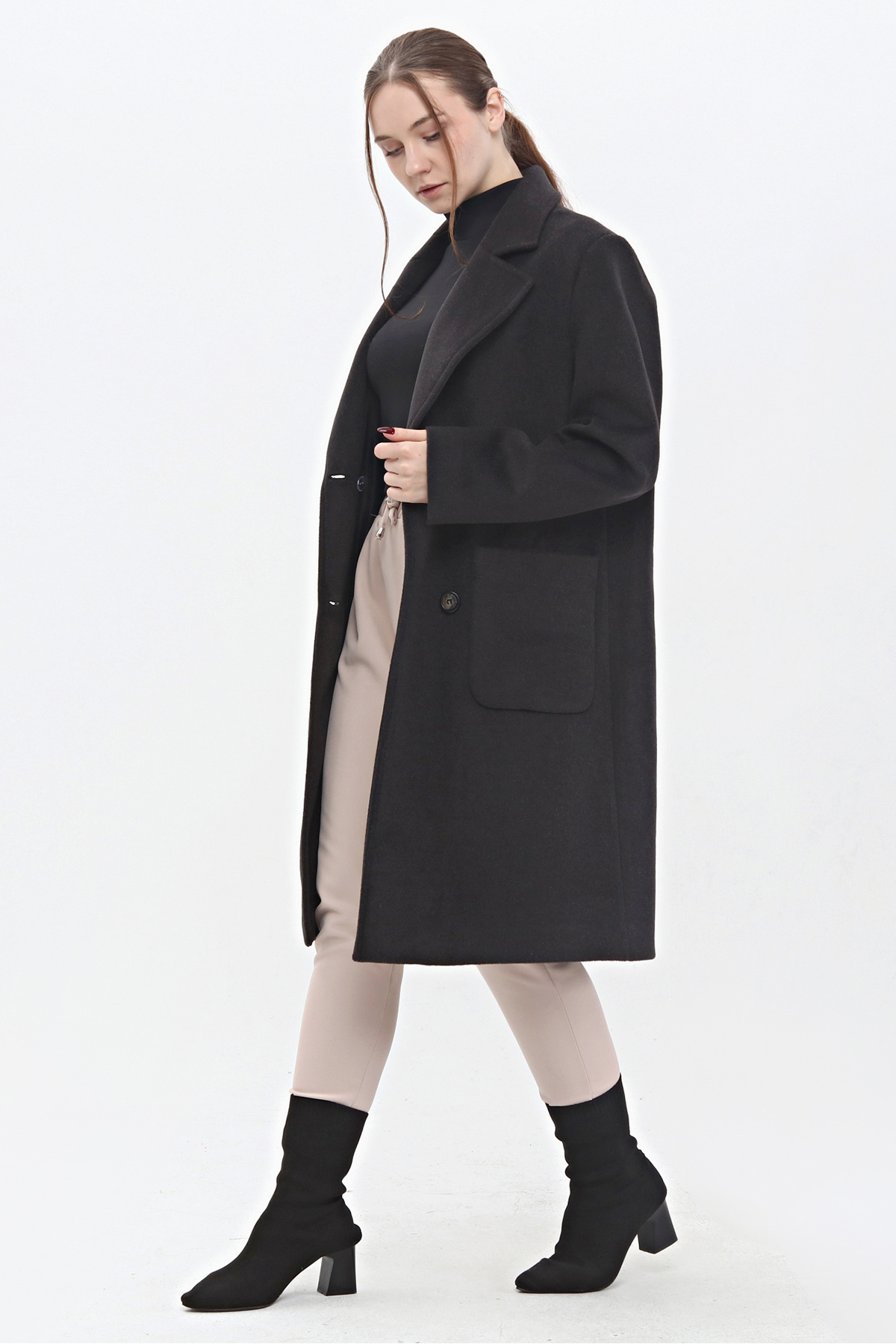 Veger-Anthracite 3440 Model Wool Stamp Women's Coat - Double Pocket Detail 1