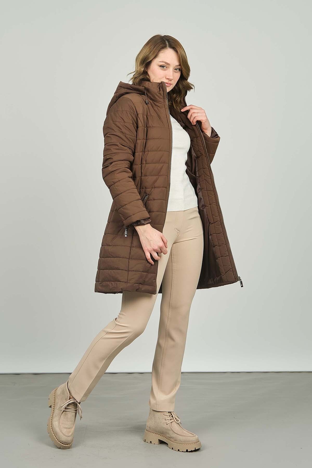 Veger-Women's Quilted Coat with Hood 3422 - Double Pockets, Brown 3