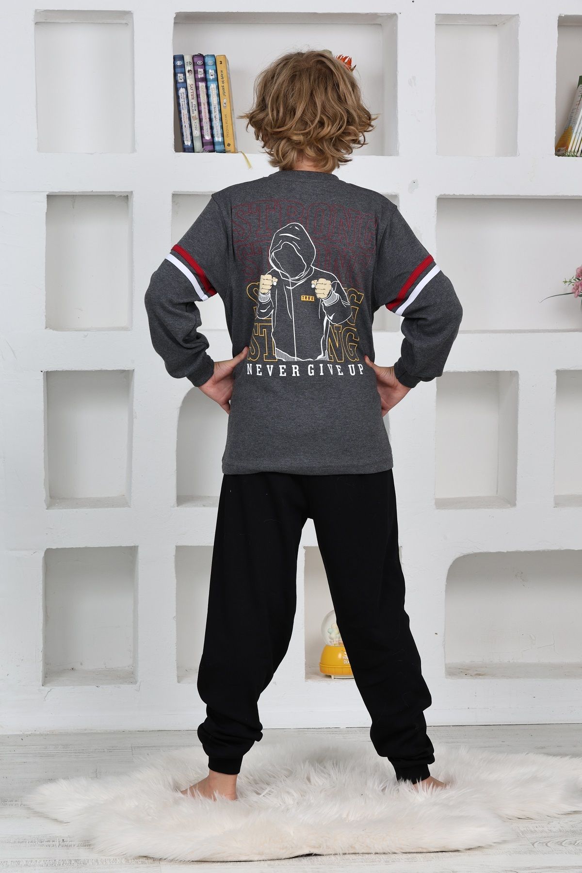 KAPİKİDS-Long Sleeve Crew Neck Anthracite Melange Color Front and Back Printed Interlock Men's Pajamas Set 4