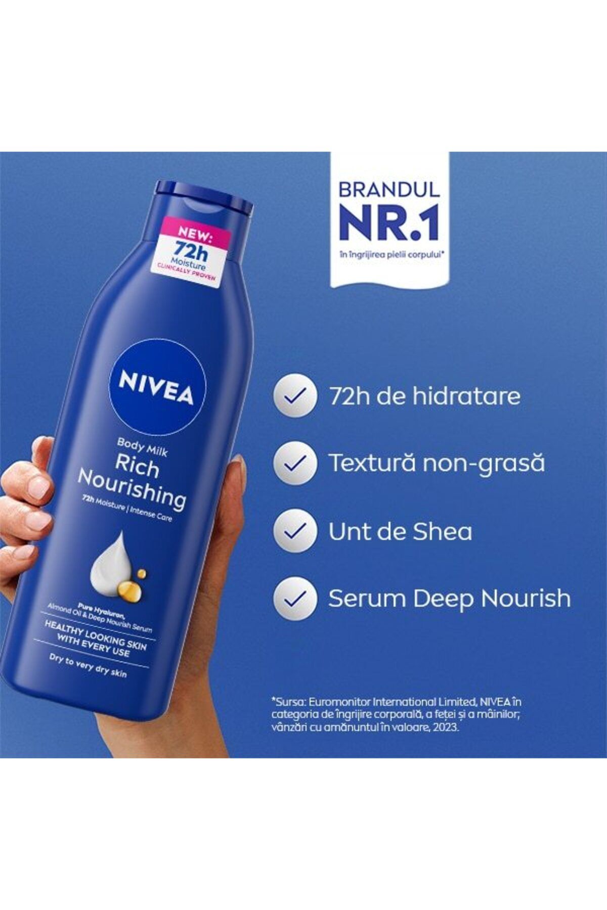 NIVEA-Set dama, Lapte de corp 250 ml, Gel de dus 250 ml, Roll-on 50 ml, Crema de maini 100 ml si Geanta 3