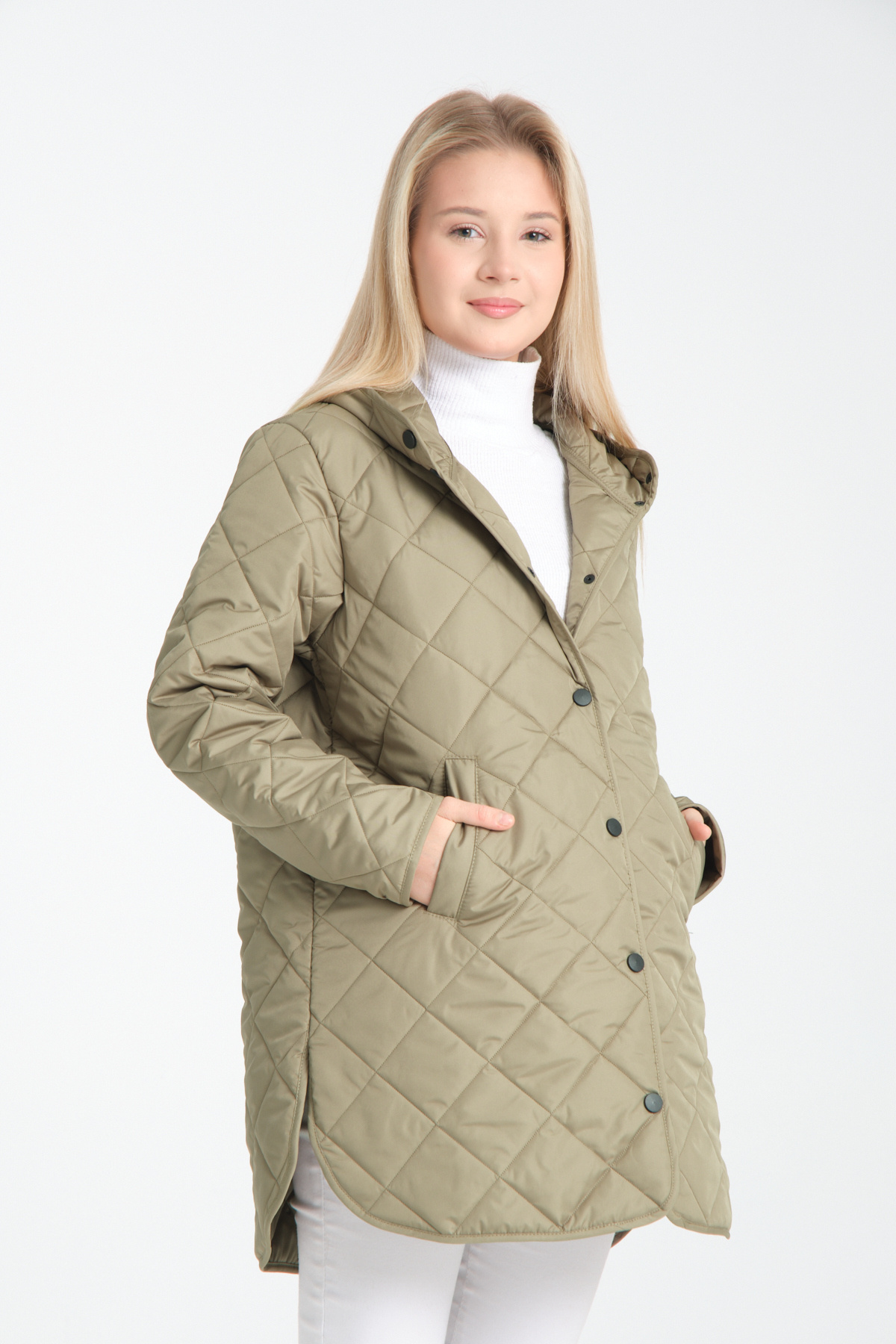 Wise Kadın Haki Kapüşonlu Oversize Kapitone Kumaşlı Yırtmaçlı Mont görsel 2