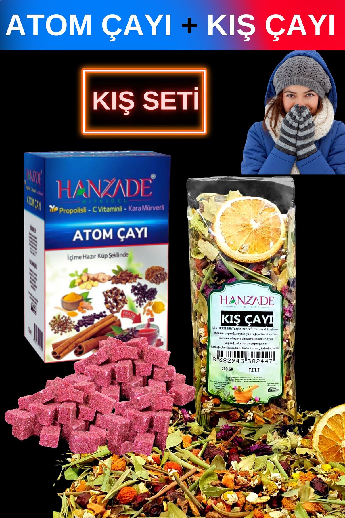 Hanzade Bitkisel Kış Çayı 200 Gr + Atom Çayı 150 Gr Kış Seti Propolisli - C Vitaminli - Kara Mürverli Zengin İçerikli