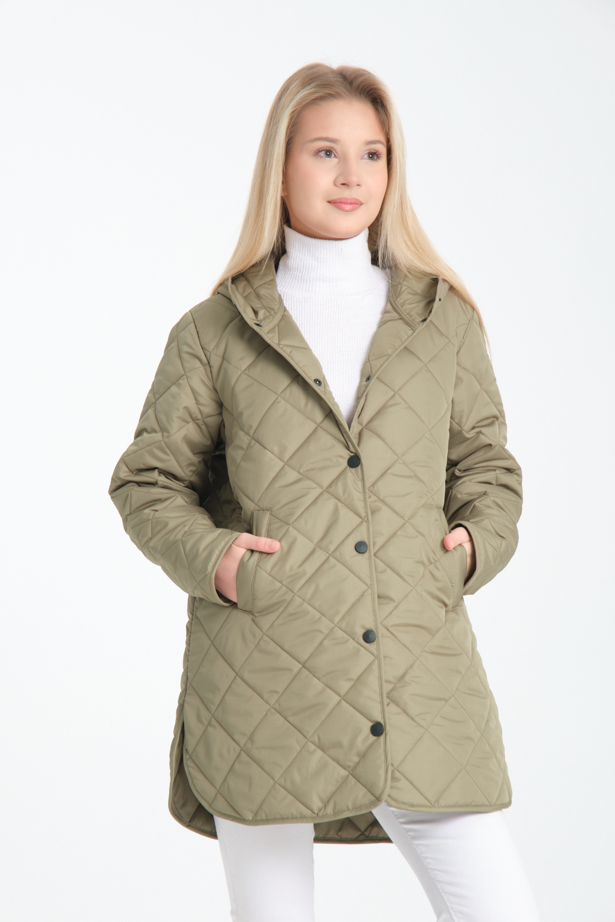 Wise Kadın Haki Kapüşonlu Oversize Kapitone Kumaşlı Yırtmaçlı Mont görsel 5