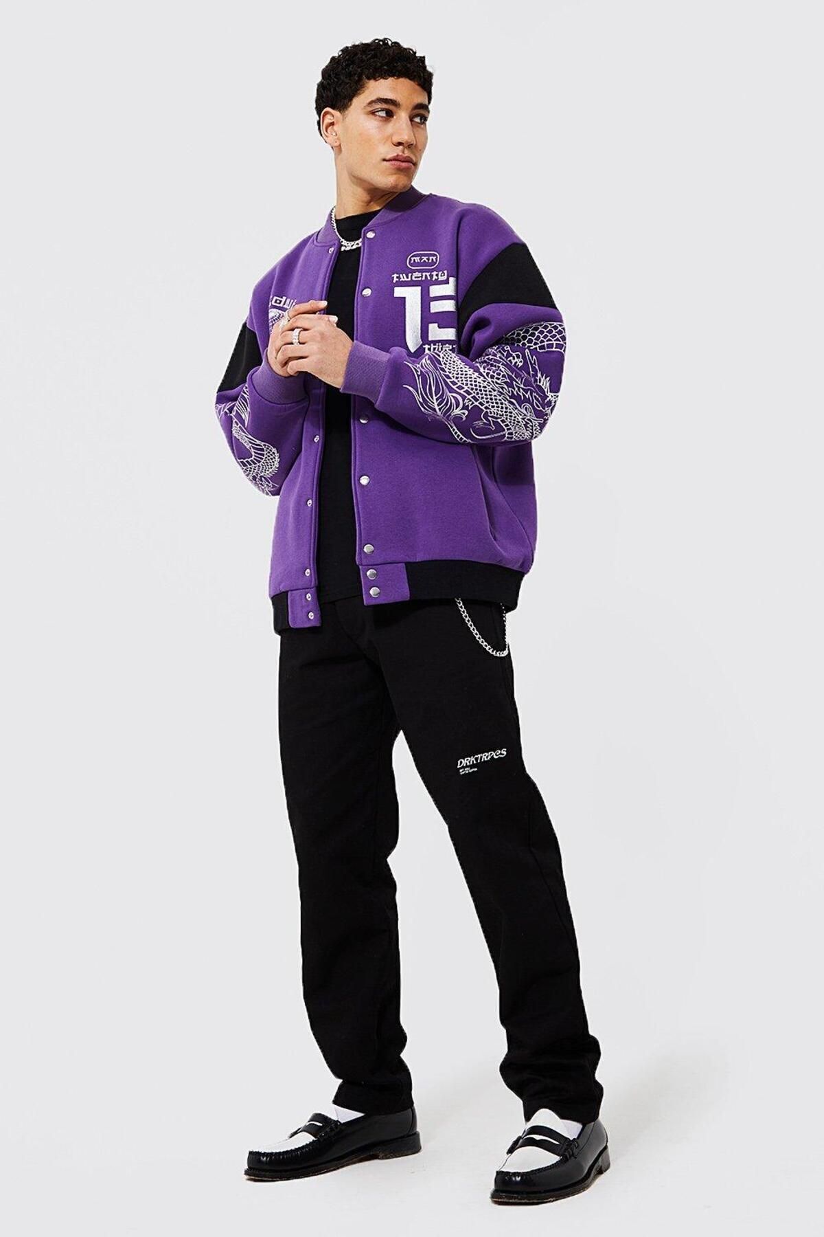 NEWLAKER Unisex Oversize Mor Baskılı Bomber Kolej Ceket