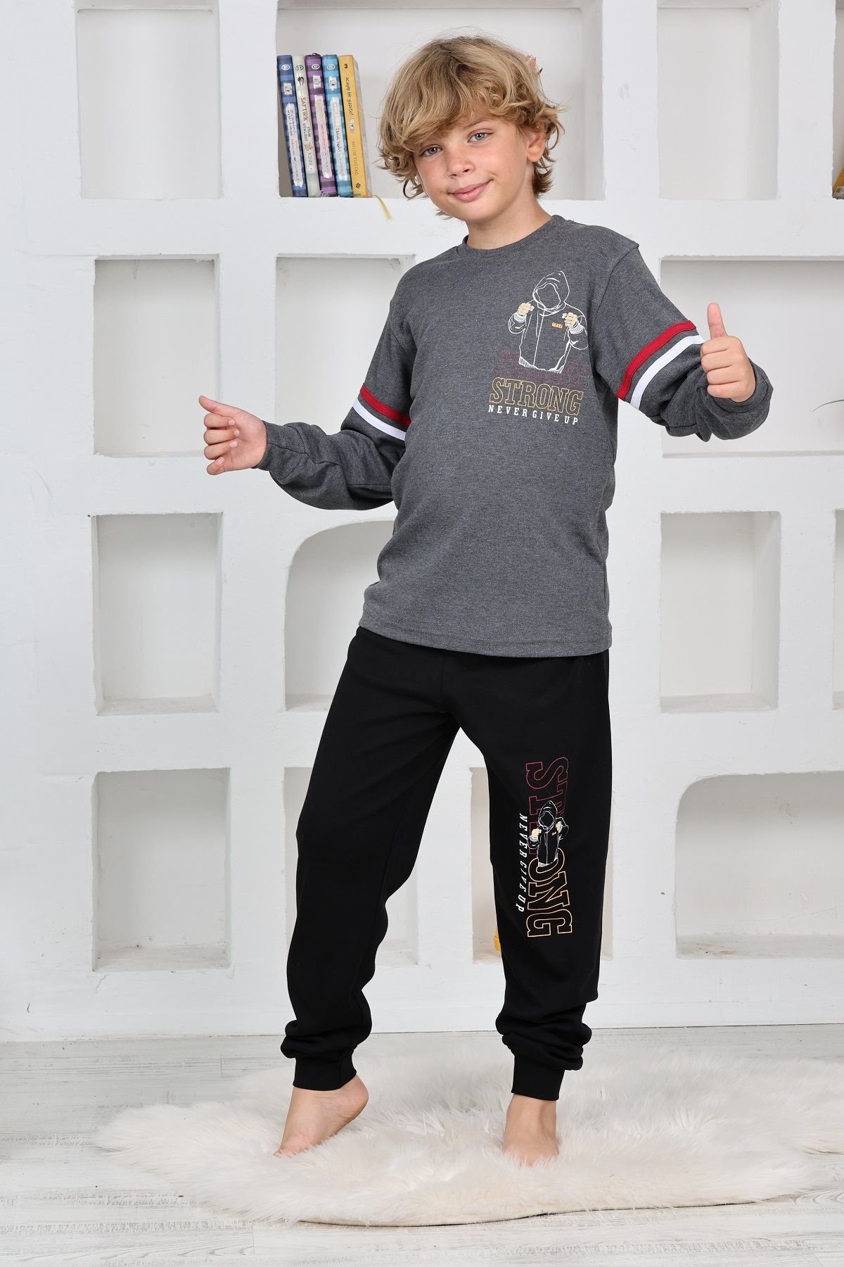 KAPİKİDS-Long Sleeve Crew Neck Anthracite Melange Color Front and Back Printed Interlock Men's Pajamas Set 3