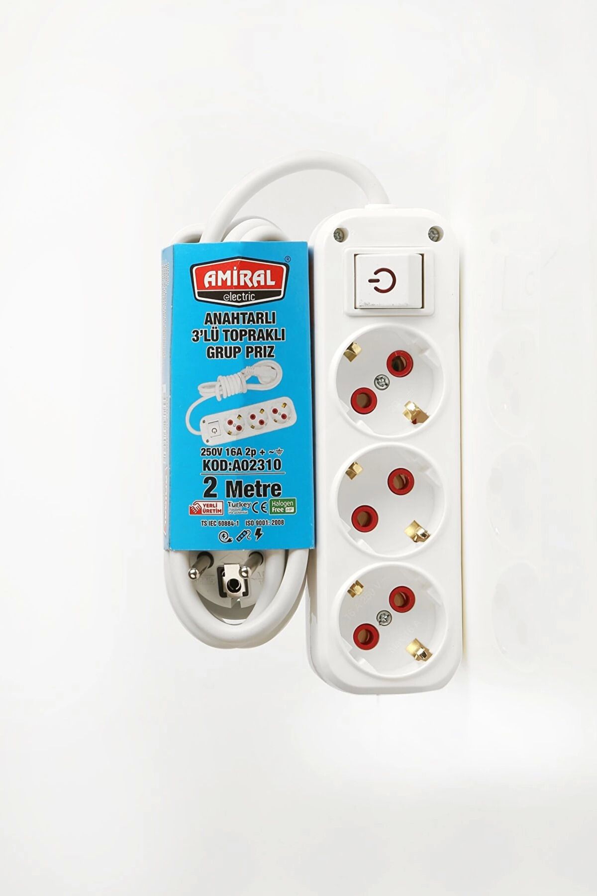 Easy Tedarik Amiral 3' Lü Topraklı Anahtarlı 2 Metre Kablolu Grup Priz