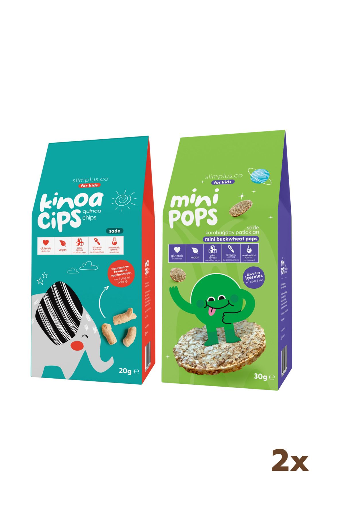 slimplus 20G Sade Kinoa Cipsi for Kids Tatlı Fil ve 30G Mini Pops Karabuğday Patlakları