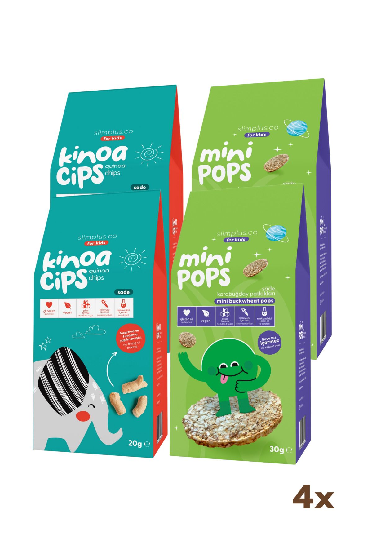 Slim+ 4 Paket 20G Sade Kinoa Cipsi for Kids Tatlı Fil ve 30G Mini Pops Karabuğday Patlakları