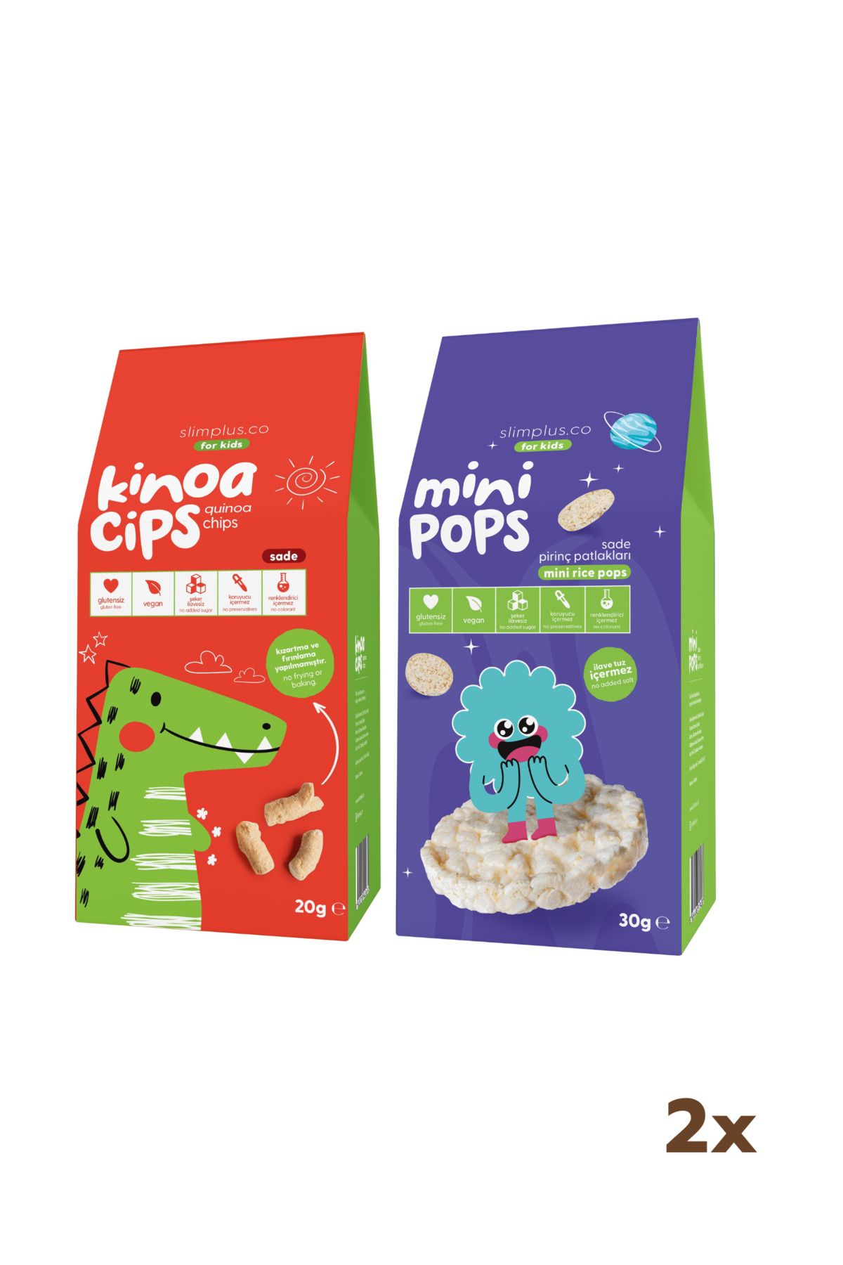 slimplus 20G Sade Kinoa Cipsi for Kids Sevimli Dinozor ve 30G Mini Pops Pirinç Patlakları