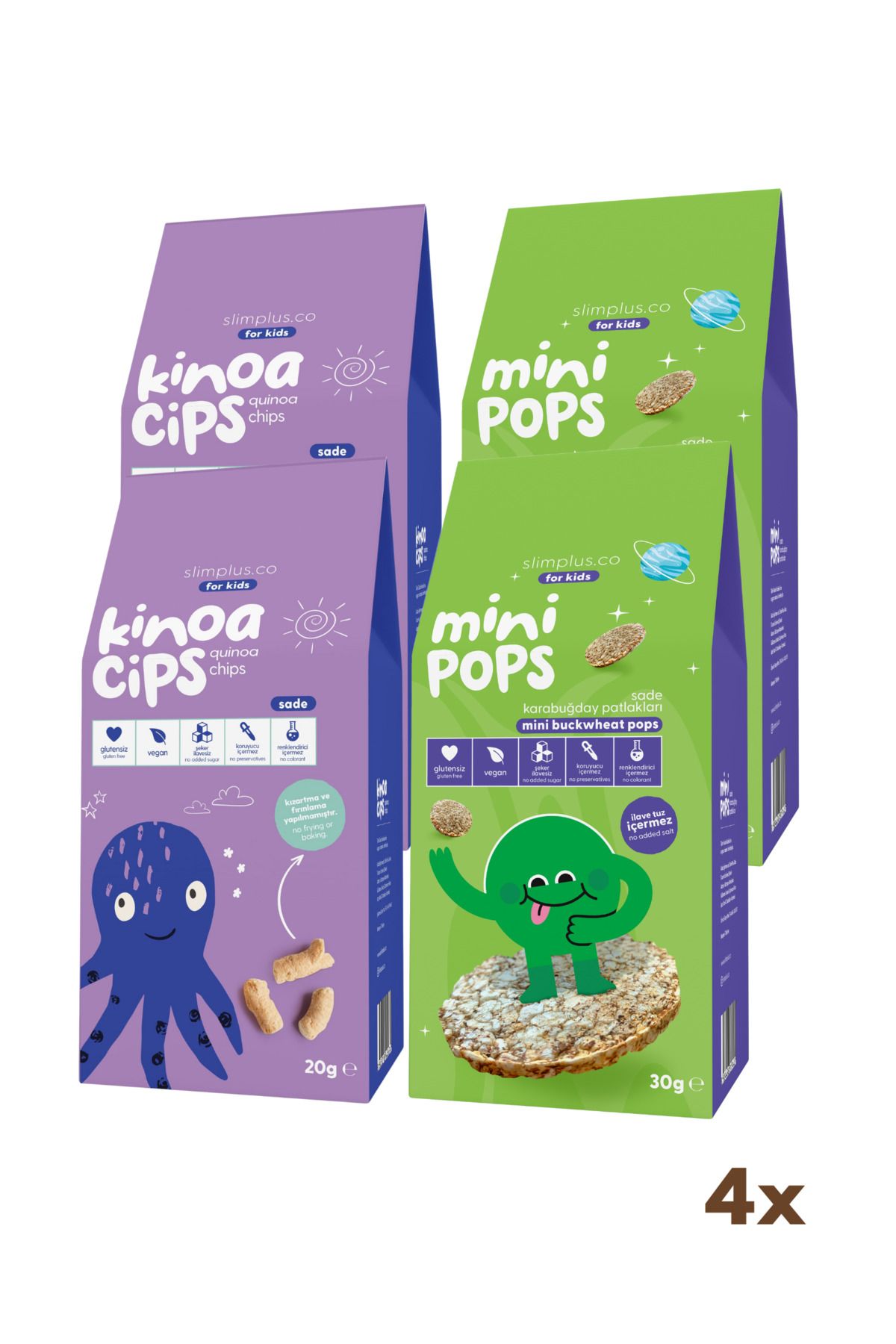 slimplus 4 Paket 20G Sade Kinoa Cipsi for Kids Bebek Ahtapot ve 30G Mini Pops Karabuğday Patlakları