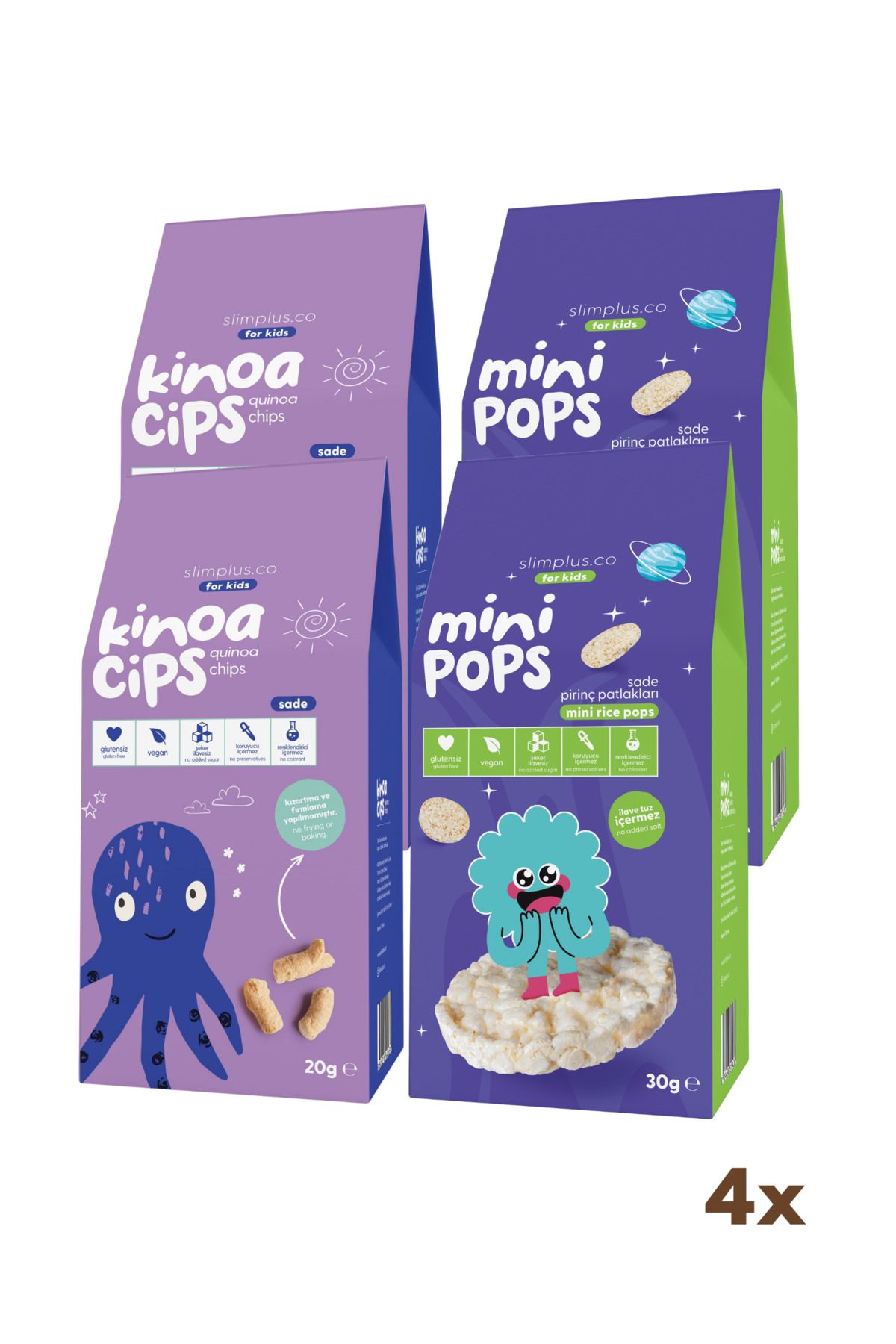 slimplus 4'lü Paket 20G Sade Kinoa Cipsi for Kids Bebek Ahtapot ve 30G Mini Pops Pirinç Patlakları