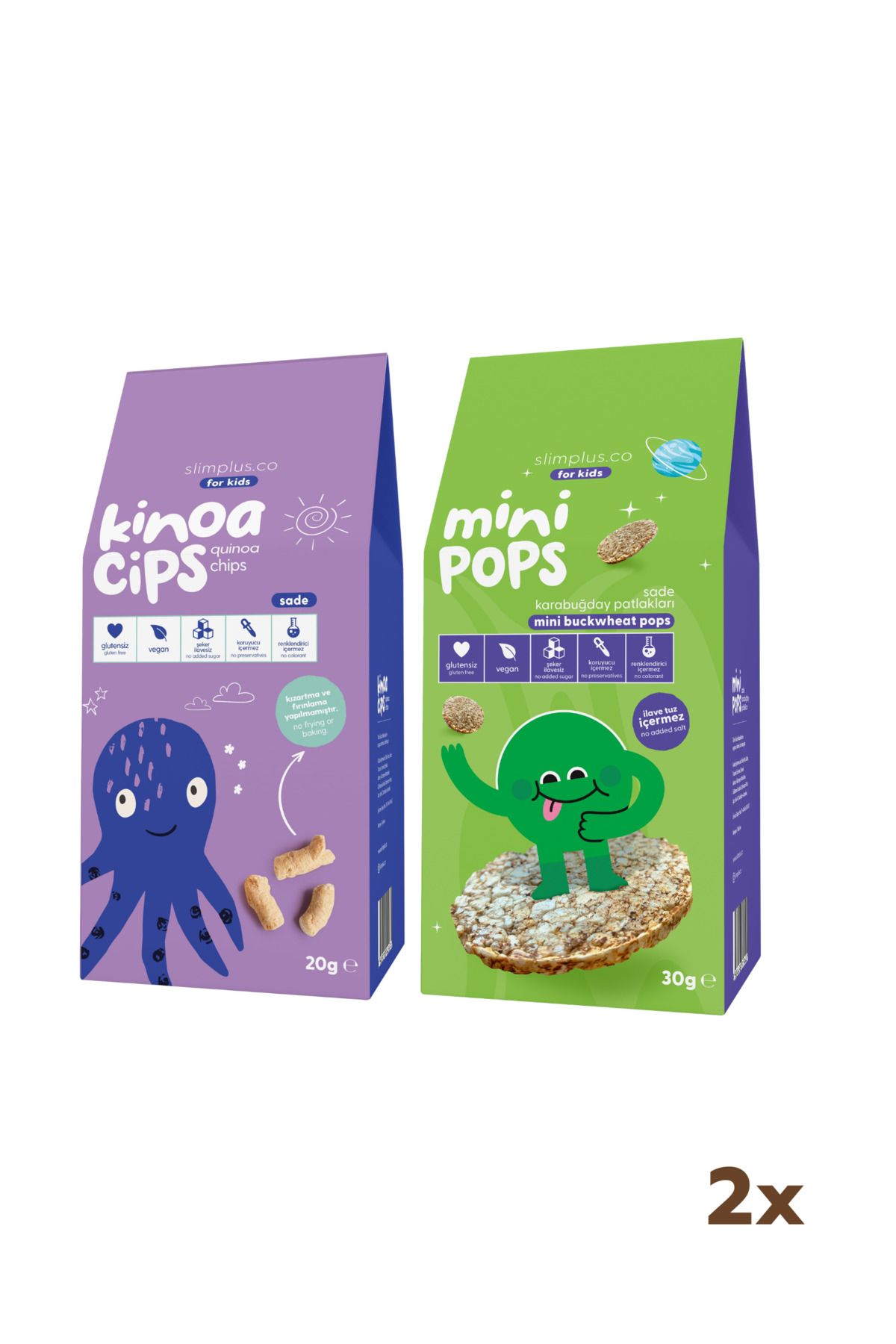 slimplus 20G Sade Kinoa Cipsi for Kids Bebek Ahtapot ve 30G Mini Pops Karabuğday Patlakları