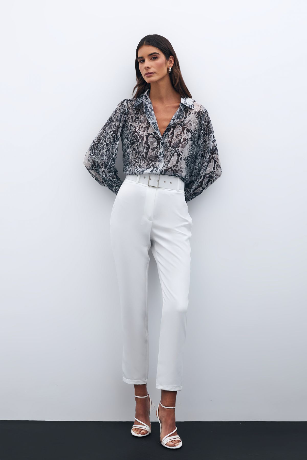 Sateen-Pantaloni cu brâu cu talie înaltă - EKRU 3