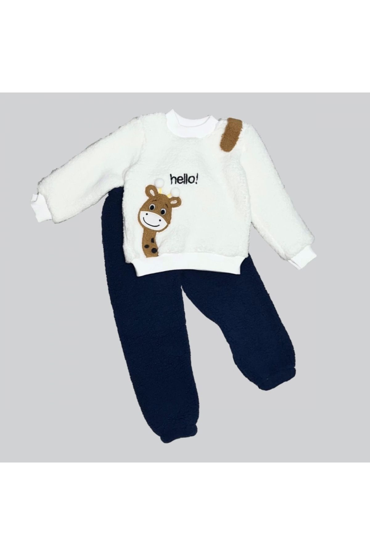 Diji Baby 1-2-3 Yaş Hello Zürafa Nakışlı Kuzu Kumaş Sweat Pantolon Uzun Kollu Kız Erkek 2 Li Takımı