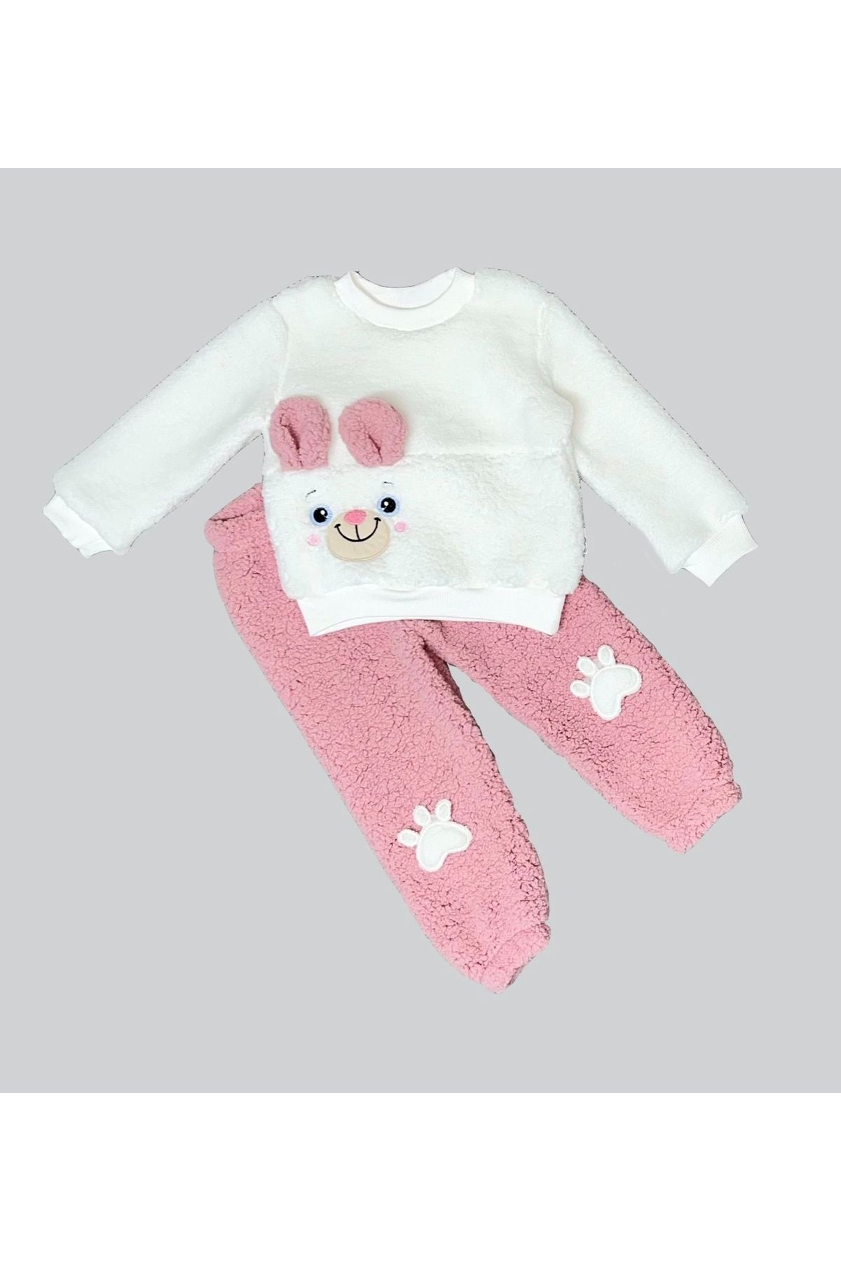 Diji Baby 1-2-3 Yaş Kulaklı Patili Ayıcık Kuzu Kumaş Sweat Patili Pantolon Uzun Kollu Kız Erkek 2 Li Takımı