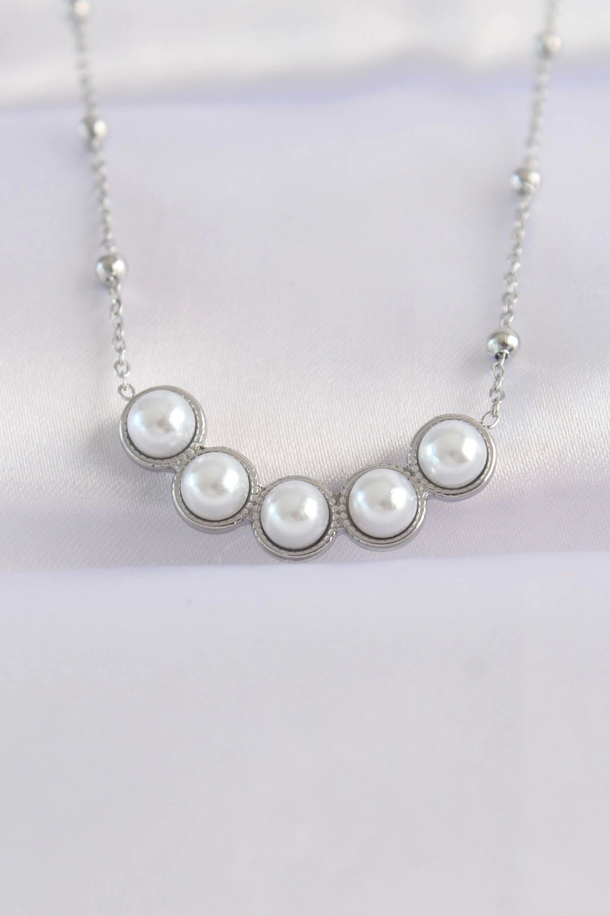 Clariss-316L Steel Chain Silver Color Row Pearl Stone Necklace 1
