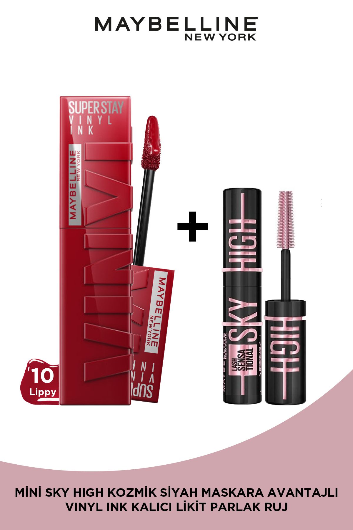 Maybelline New York Super Stay Vinyl Ink Uzun Süre Kalıcı Likit Parlak Ruj 10 Lippy & Mini Sky High Cosmic Black Maskara-2