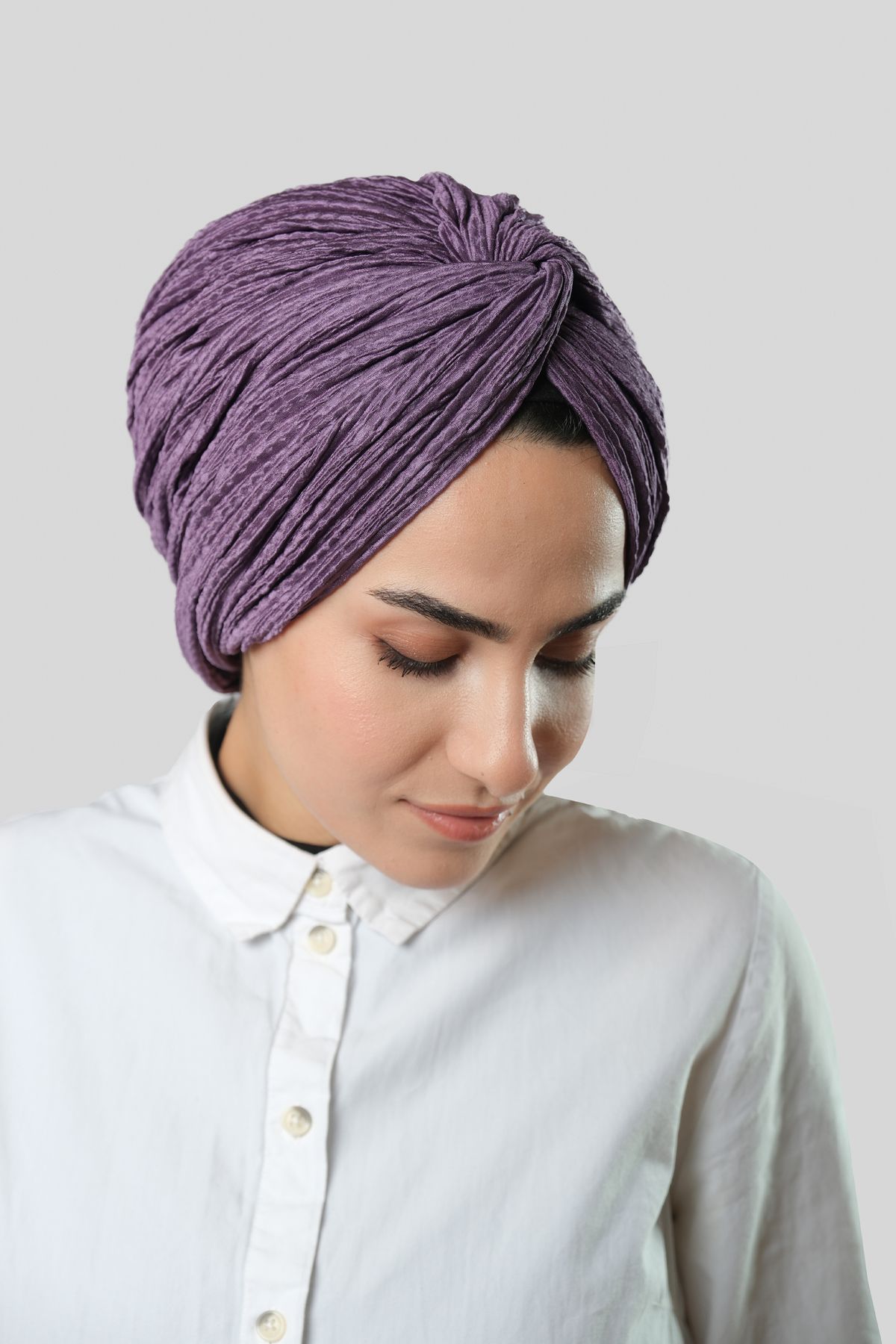 HÜRREM BONE کلاه با حجاب چین دار صلیب بنفش با طرح فوکورو خود 2316_22