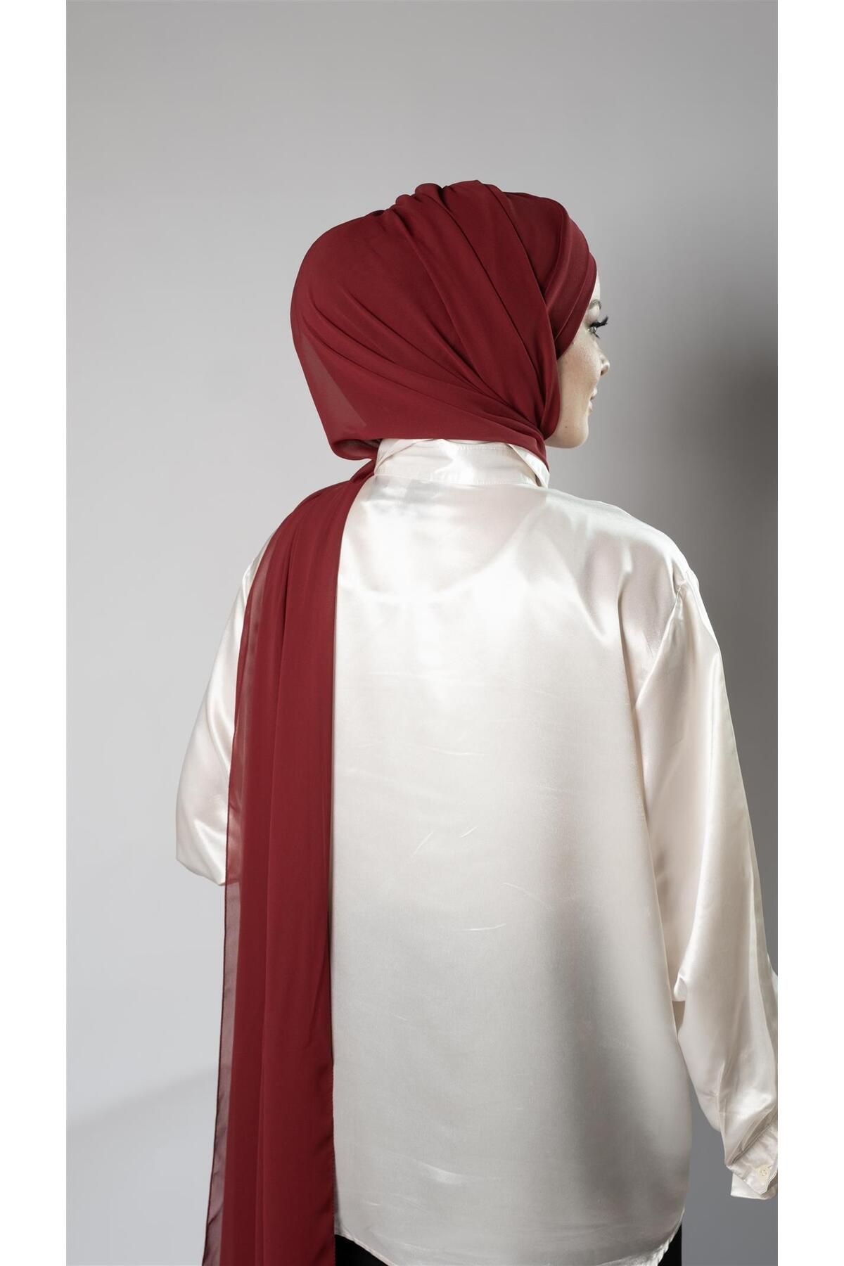 HÜRREM BONE-Claret Red Practical Ready-made Interlocking Bonnet Shawl Chiffon Self-Sewn Bonnet With Two Bands 1452_16 5