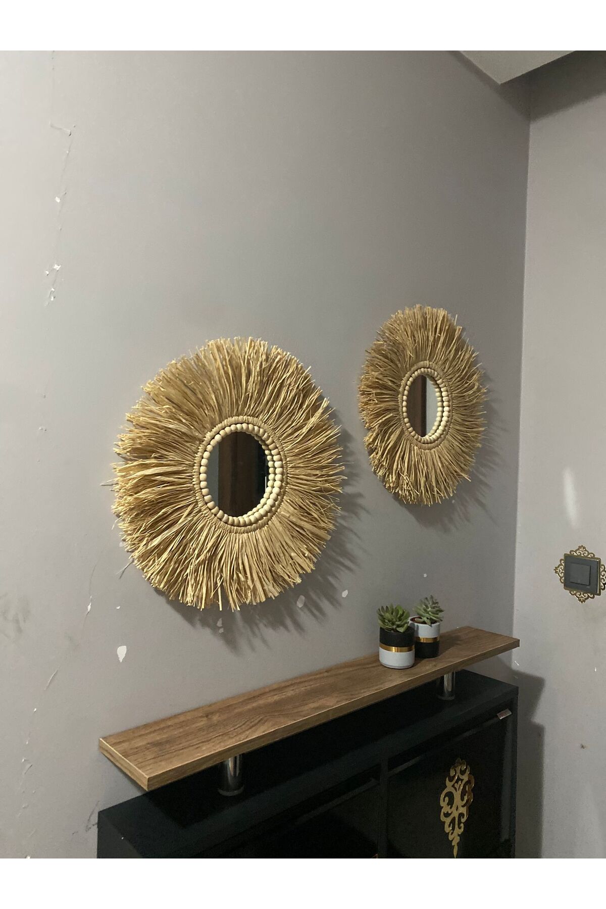 Doğal muz lifi ahşap boncuklu ikili ayna seti ofis cafe otel duvar dekoru