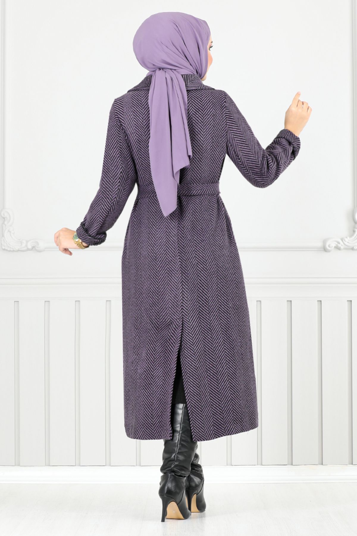 ModaMerve-Long Dark Lilac Striped Coat - 319Evo1065-M 5