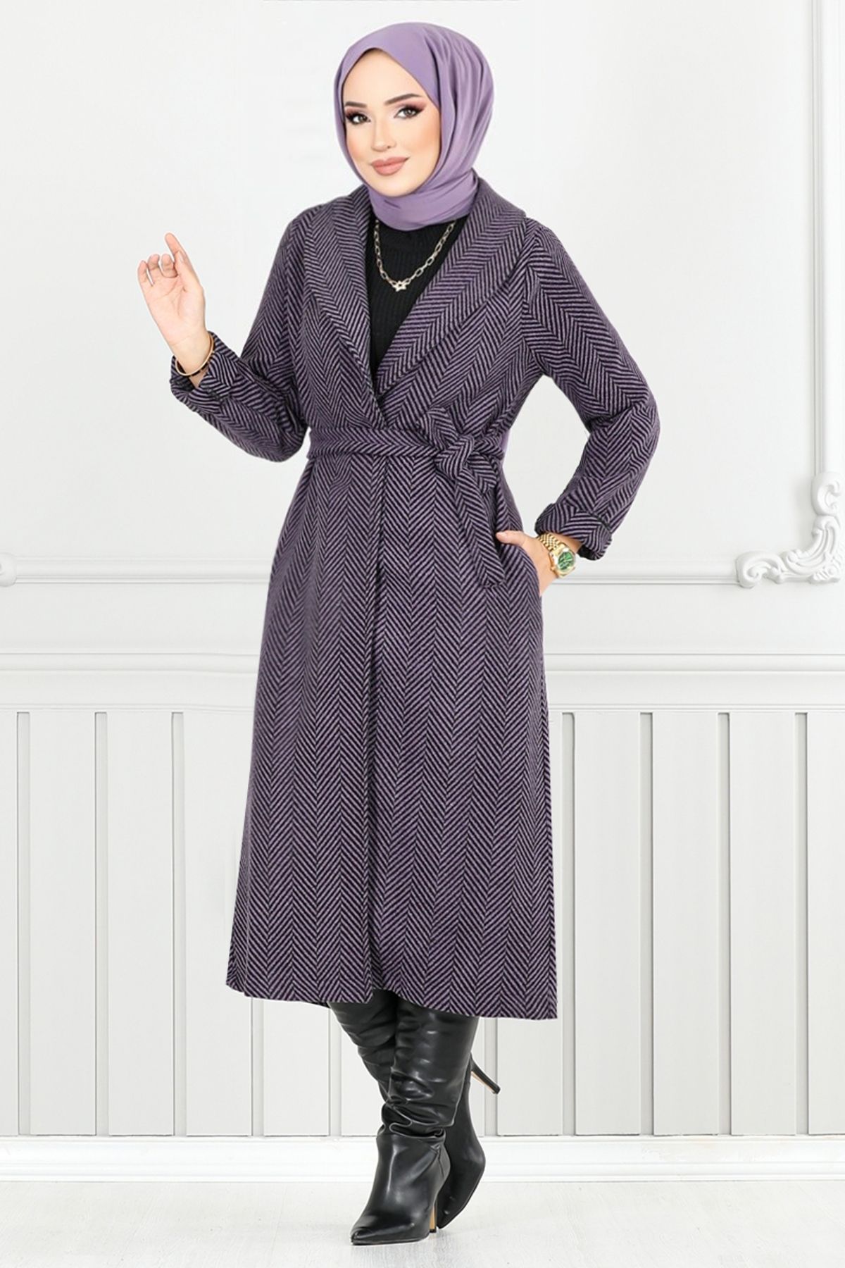 ModaMerve-Long Dark Lilac Striped Coat - 319Evo1065-M 3