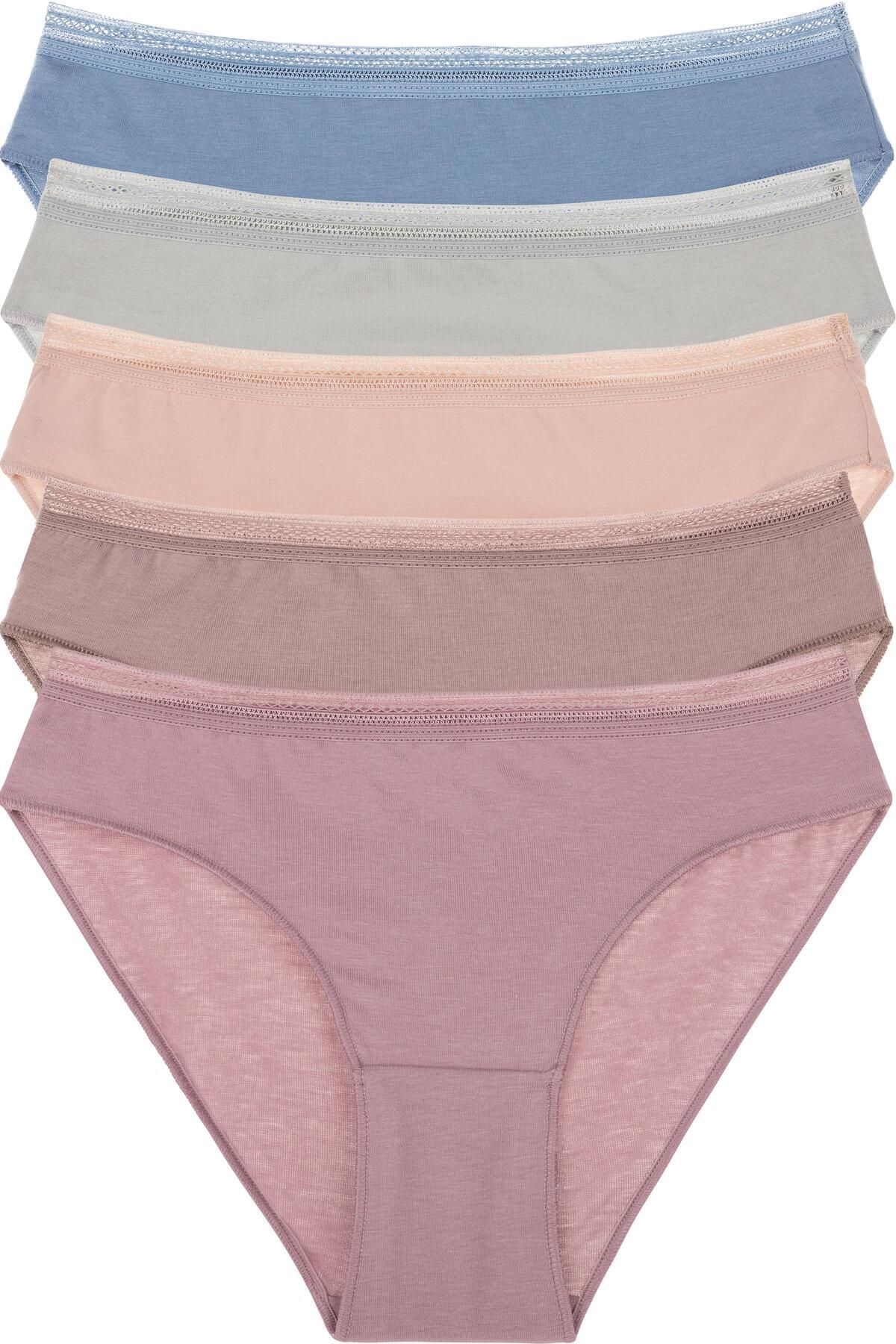 Humaone-Pachet de 5 chiloți bikini de culoare pastel - talie cu dantelă, trandafir praf-maro-pudră-antracit-albastru 5