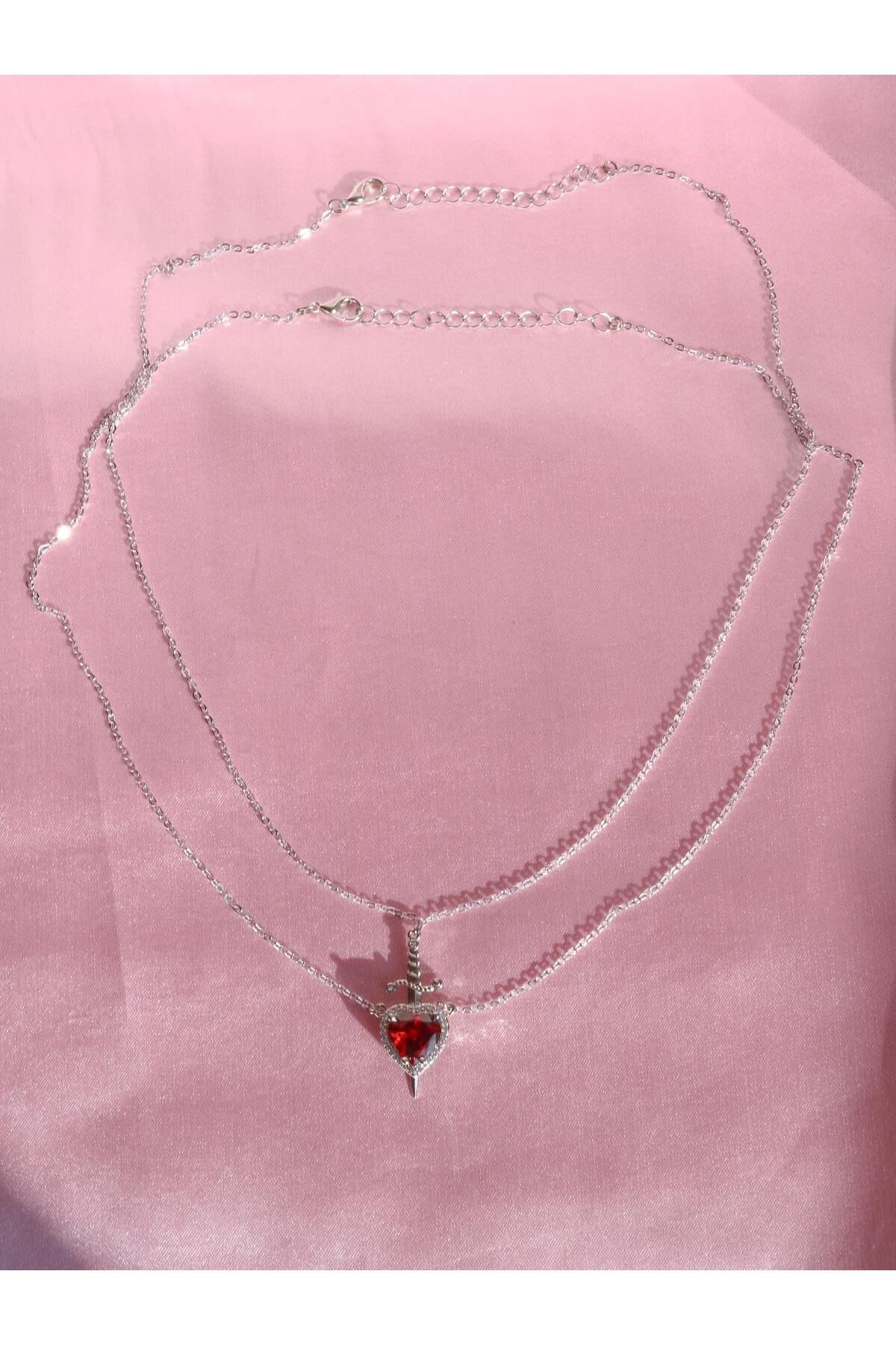 Reorah Collection-Red Stone Heart Sword Couple Necklace 3