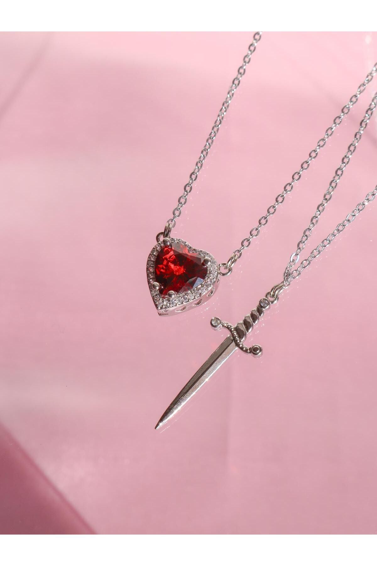 Reorah Collection-Red Stone Heart Sword Couple Necklace 5