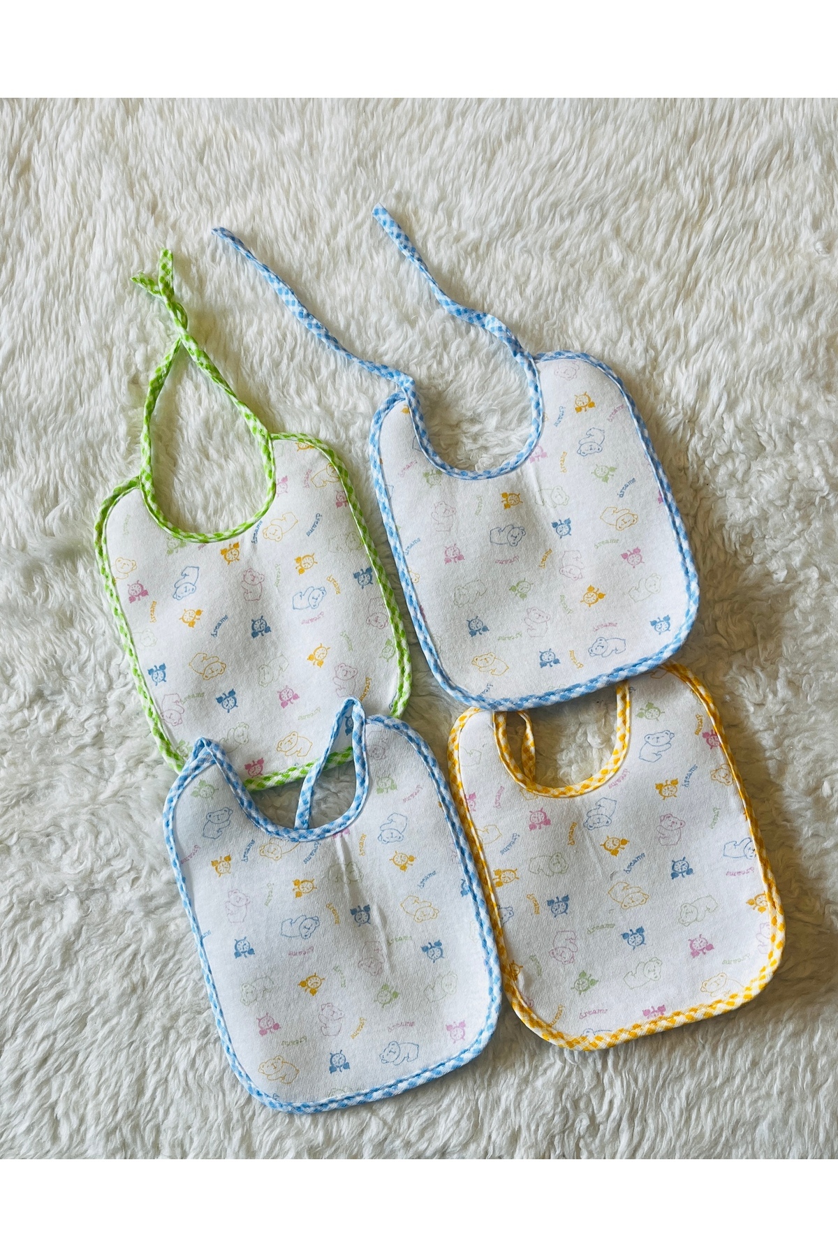 anne dokunuşu gibi KUZUM BEBE 12 Li Mavi Yeşil Sarı Karışık Renk Sıvı Geçirmez Bağcıklı Bebek Mama Önlüğü fotoğrafı 4 (önizleme)