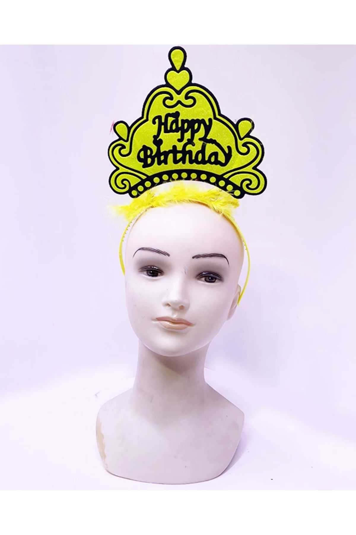 Easy Tedarik Happy Birthday Neon Sarı Renk Doğum Günü Tacı 24x15 Cm