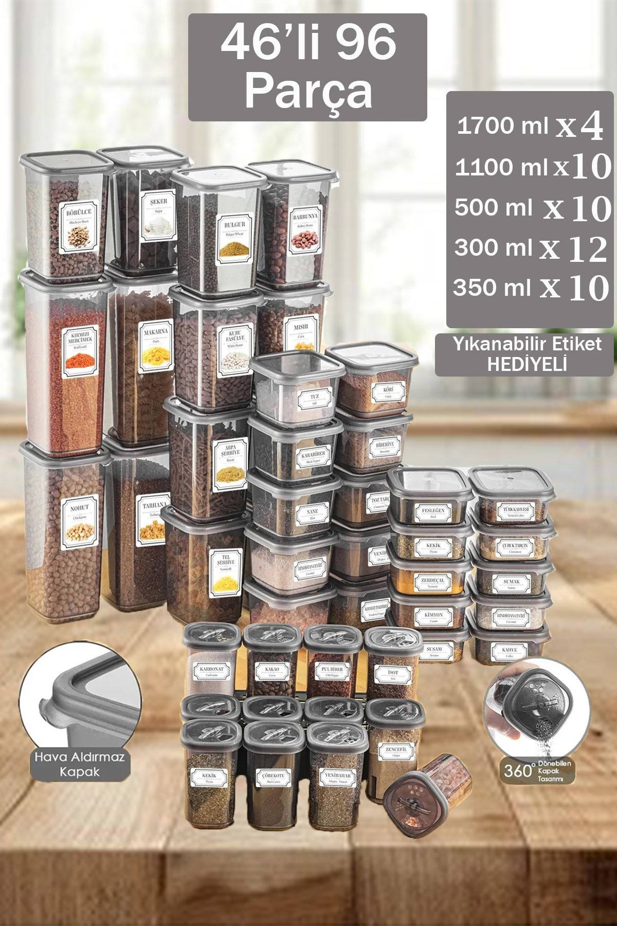 Home-Lia 92 Pieces Square Food and Pulses Storage Container Seasoning Set 12X300Ml 10X(350Ml500Ml1100Ml)4X1700Ml 1