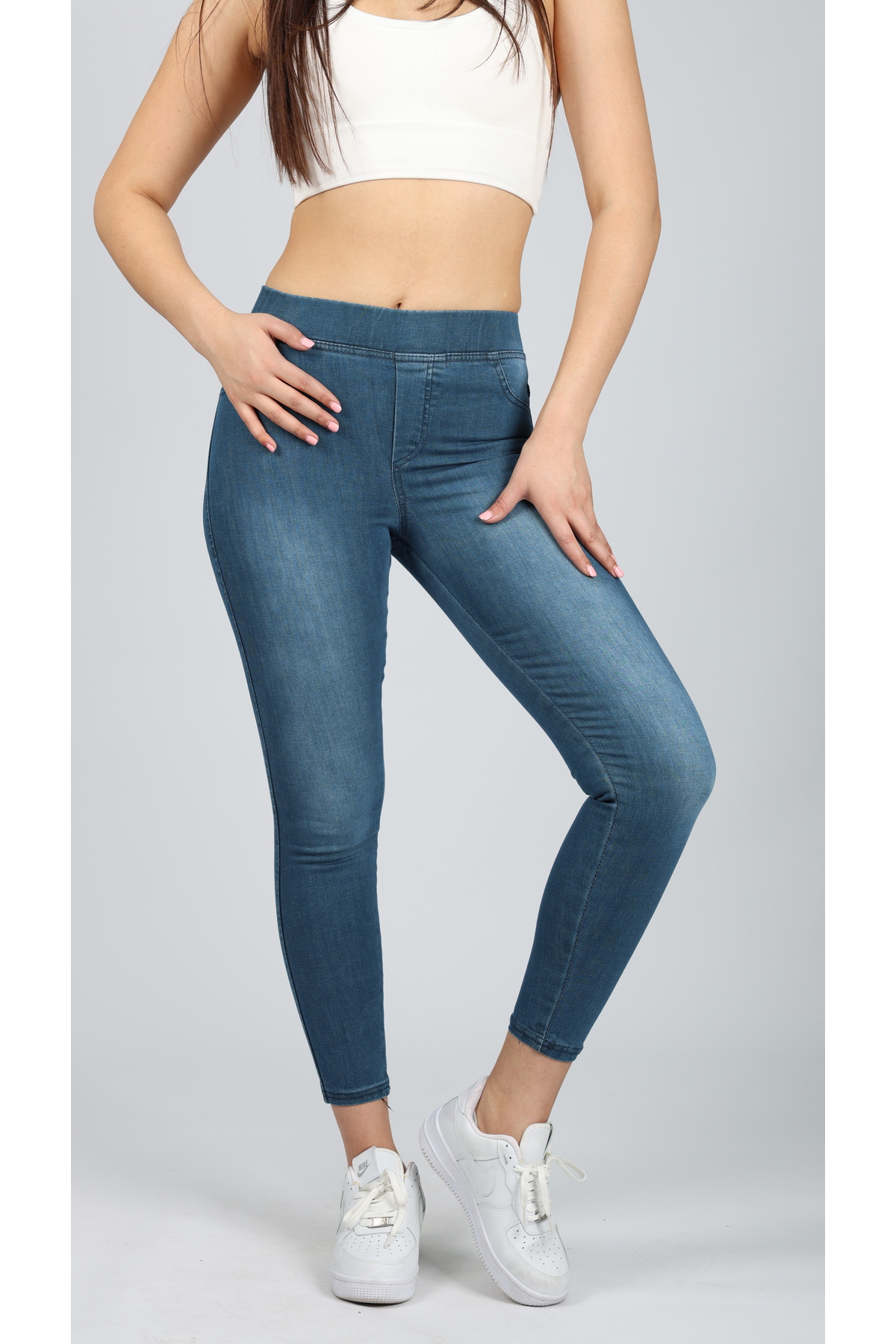 NEŞA KOTÇU  Kadın Mavi Beli Lastikli Tayt Kot Pantolon - Görsel 2