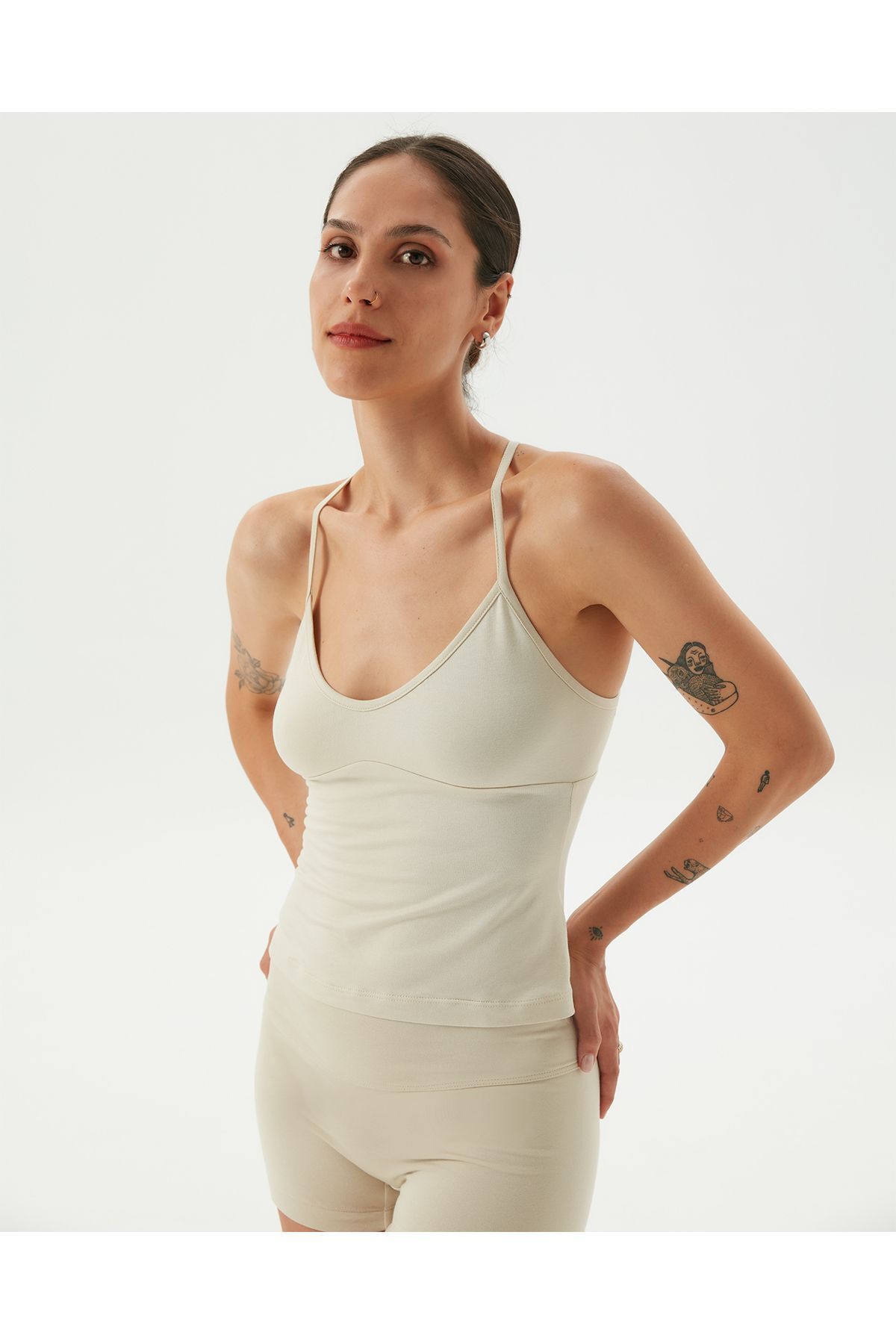 Ayma Active-Cream Women's Cross Back Strap Tank Top with Chest Cup 5