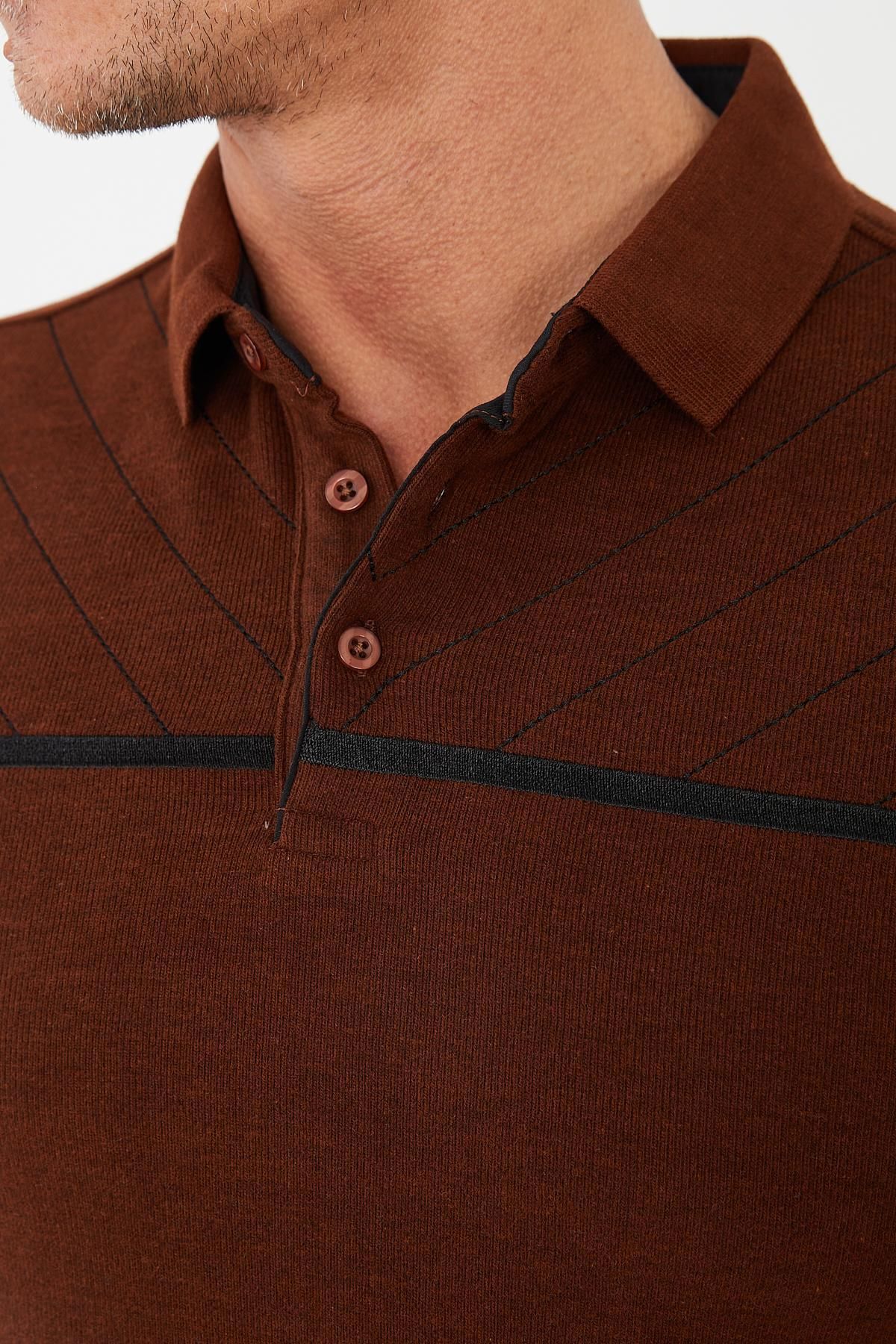 Maccali-Men's Versatile Striped Winter Long Cinnamon Polo Neck T-Shirt 4
