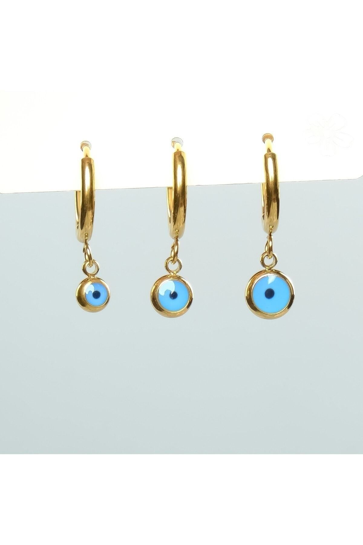 Lekka Design-Triple Dangle Evil Eye Beaded Anti-Tarnish Steel Women's Earrings 1