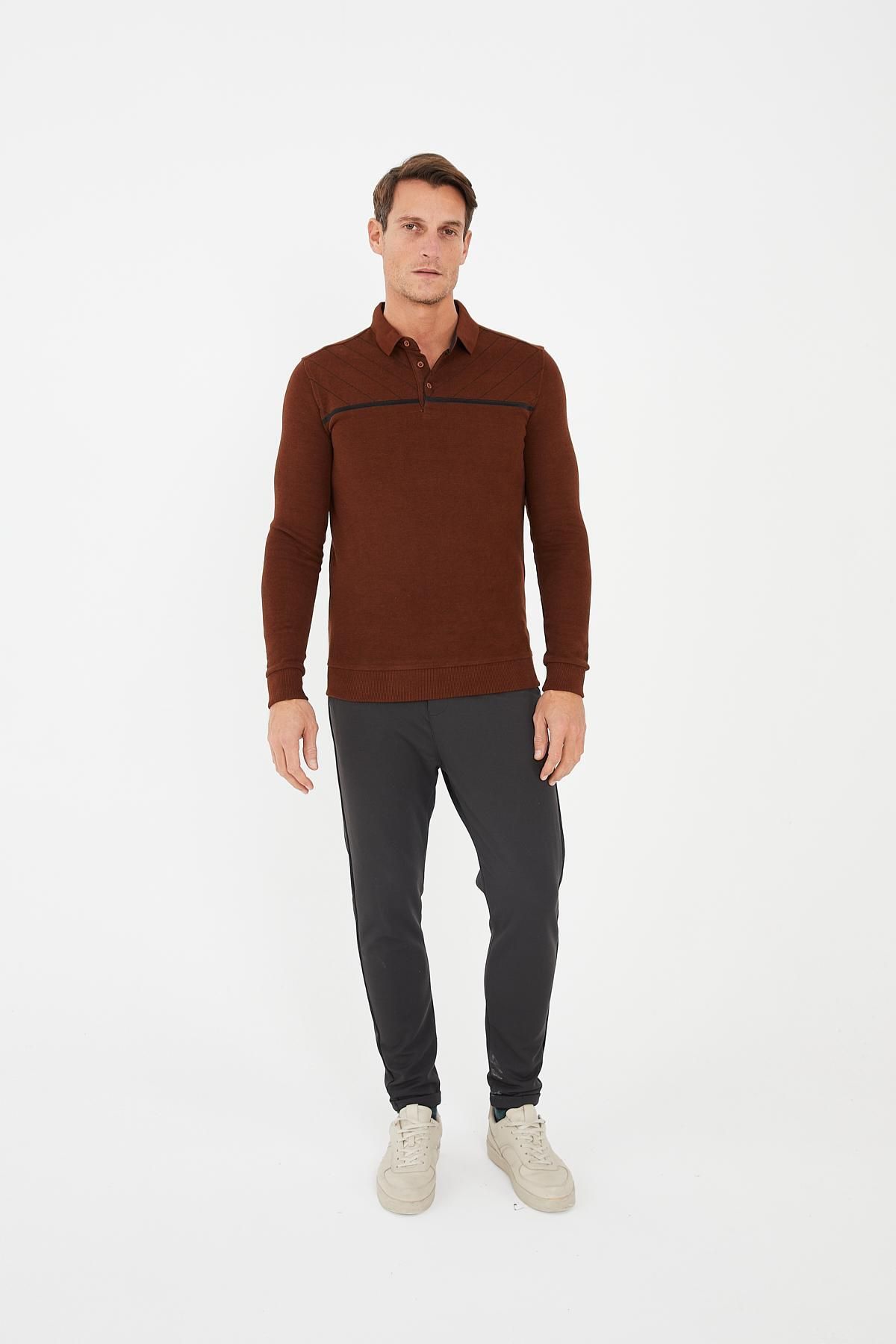 Maccali-Men's Versatile Striped Winter Long Cinnamon Polo Neck T-Shirt 3