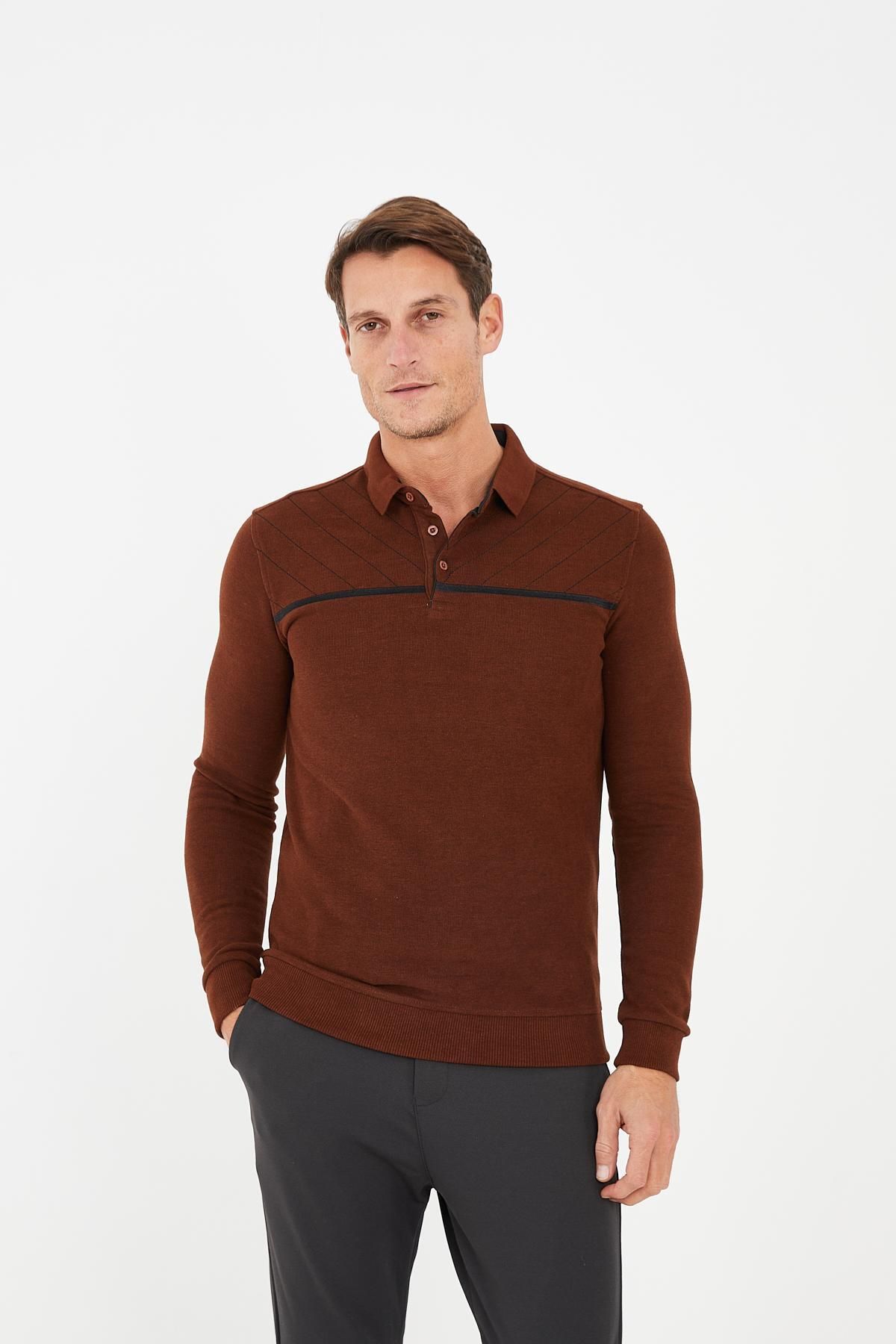 Maccali-Men's Versatile Striped Winter Long Cinnamon Polo Neck T-Shirt 2