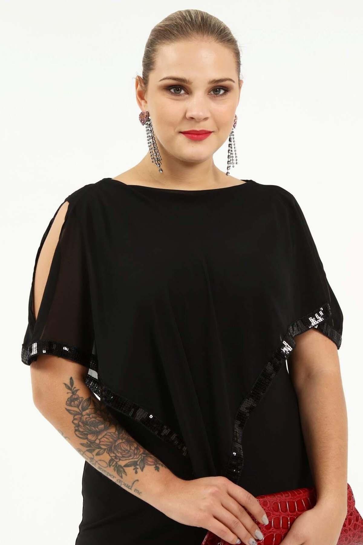 Zer Otantik-Black Plus Size Sequined Short Evening Dress - Kl8022K 3