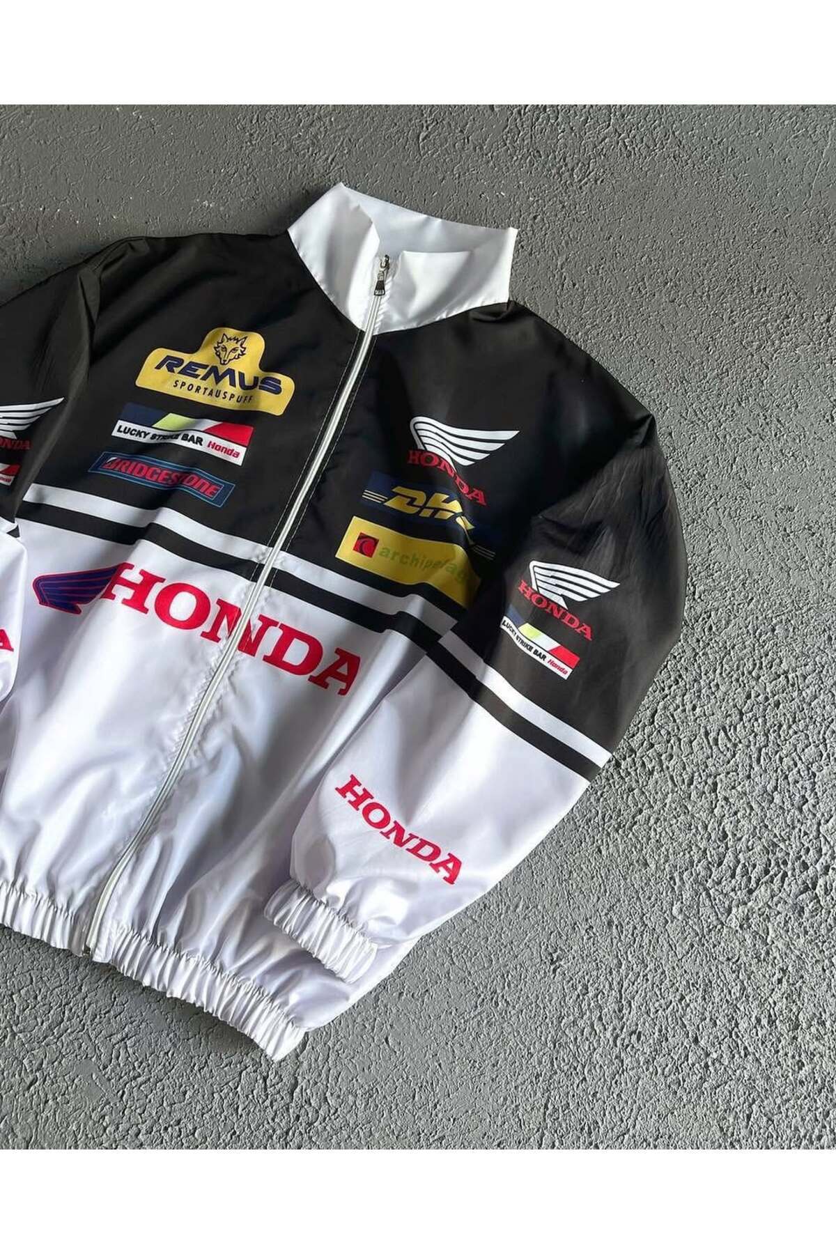 Lushen Honda Beyaz Unisex Paraşüt Kumaş Oversize Baskılı Siyah Rüzgarlık Yağmurluk görsel 4
