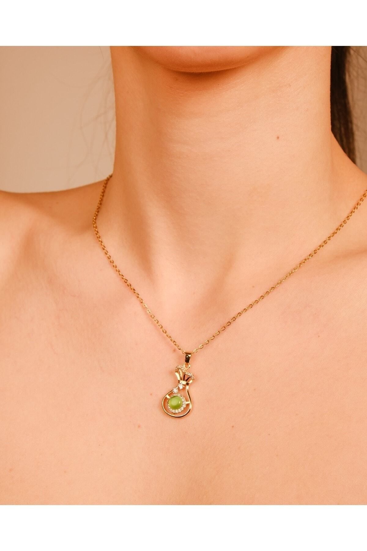 Lekka Design-Green Stone Non-Tarnish Steel Women's Jewelry Necklace 2