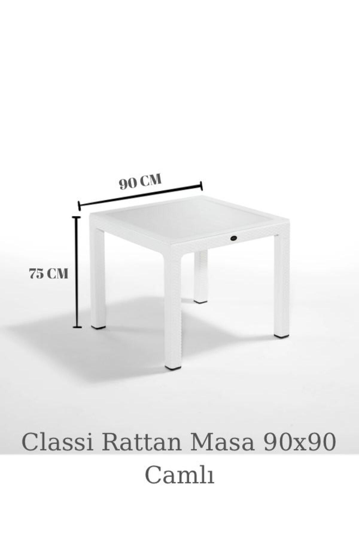 ÖZMOB Novussi Classi Rattan Camlı Masa 90x90 Kare Masa Bahçe Masası Rattan Masa Dış Mekan Masası