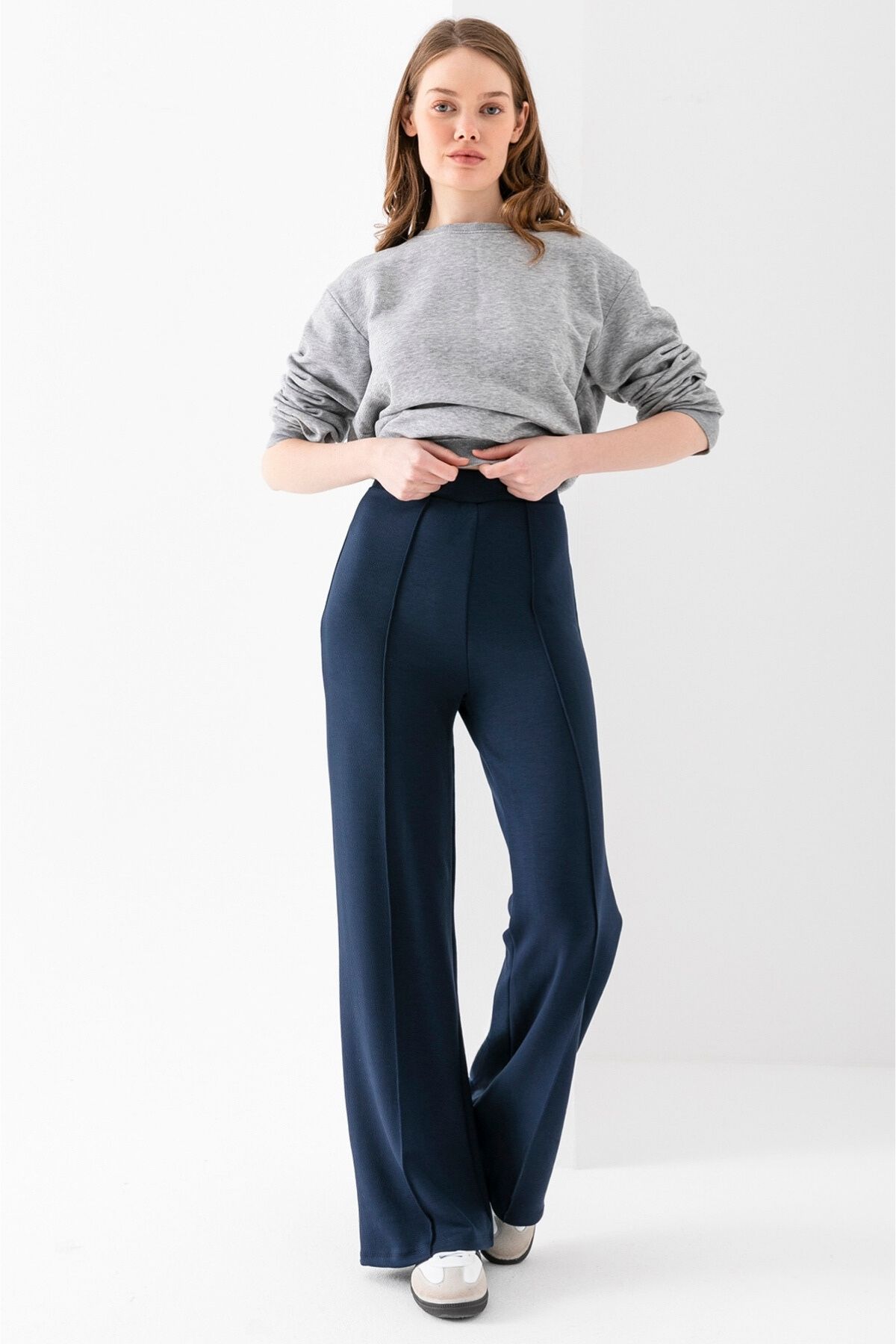 LEBRA Pantaloni De Damă, Albastru Bleumarin, Cu Nervuri În Față, Cu Potrivire Largă, Cu Picior Largi, Din Țesătură Modal, Cu Talie Înaltă, Cu