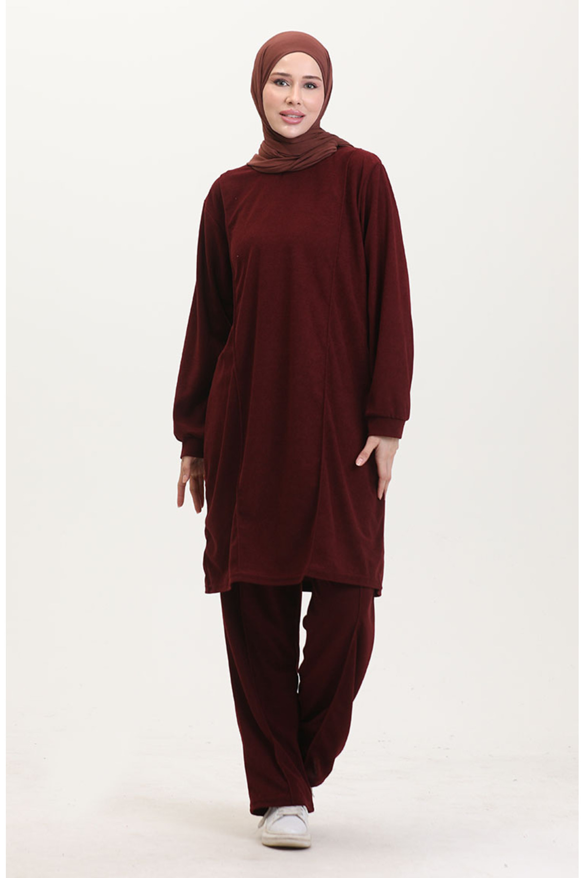 sefamerve-Burgunderfarbenes Tunika- und Hosen-Doppelset – Astana-Stoff 0551-04 2