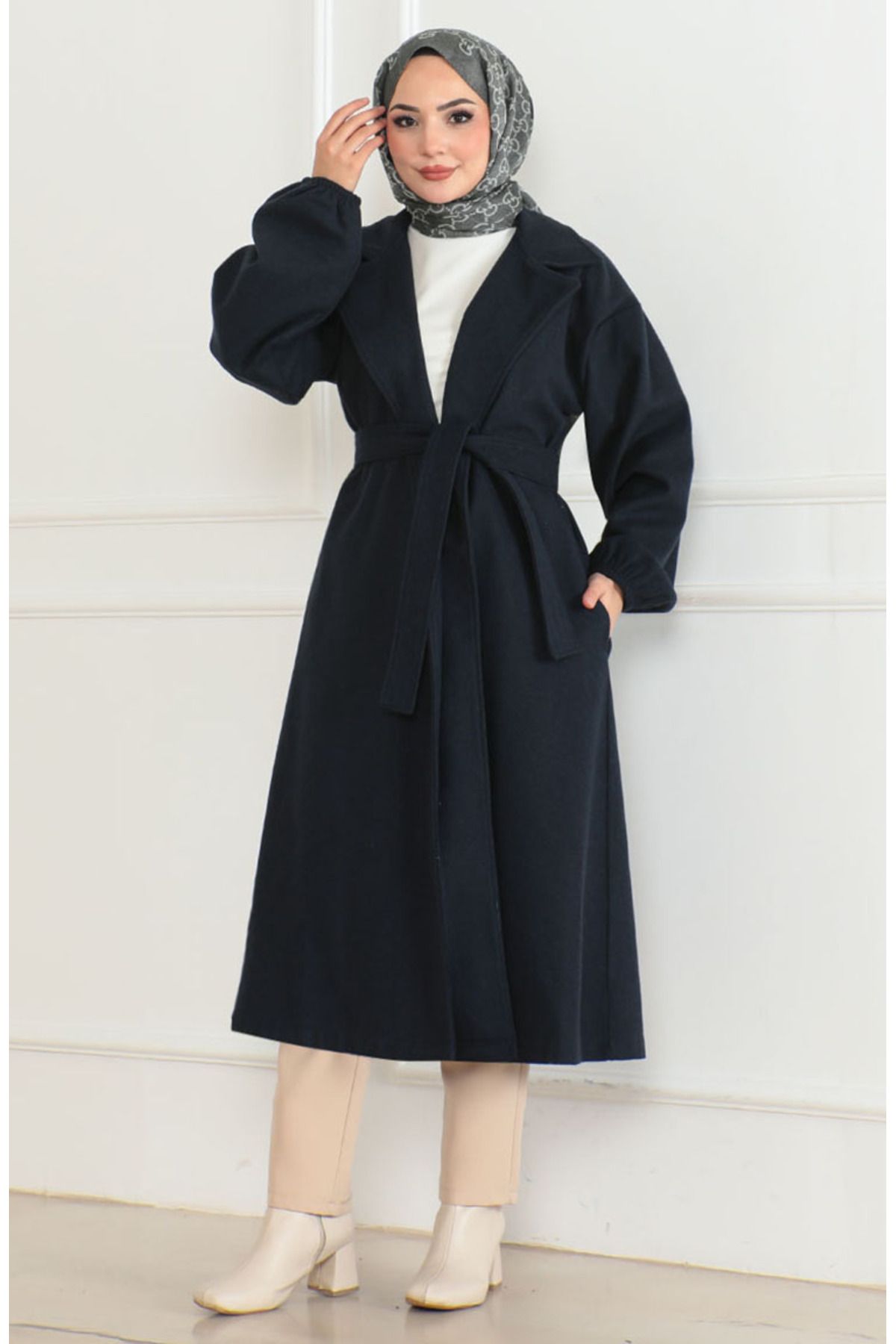 sefamerve-Navy Blue Stamp Coat 2059-02 - Belt Detailed 2